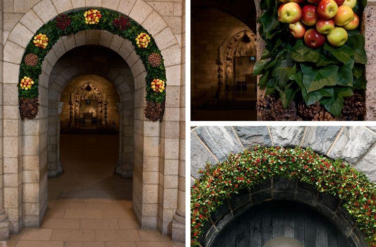 Three views of winter-themed holiday decorations at The Met Cloisters
