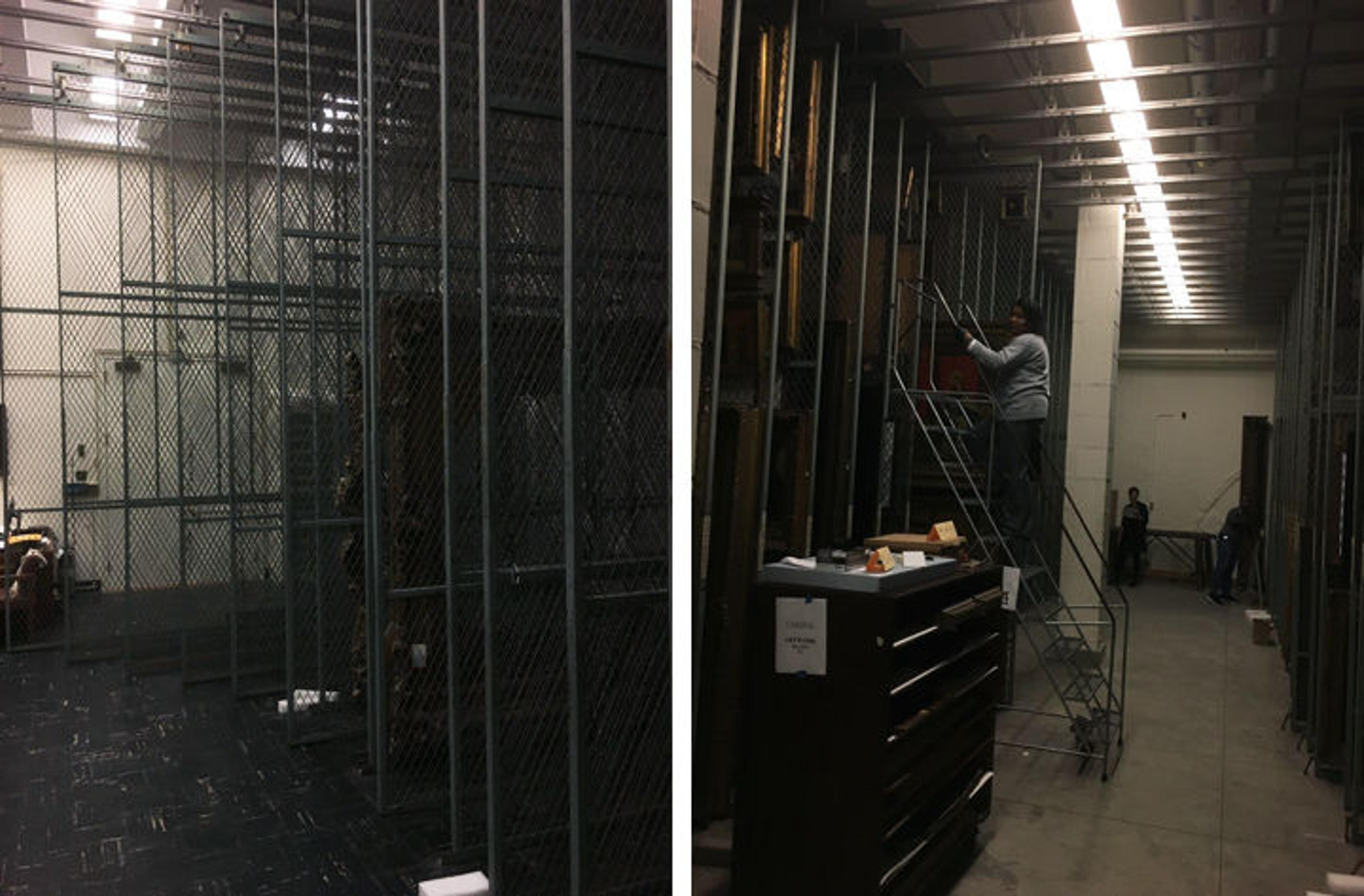 Left: Empty storage racks that will now house paintings when not on view | Right: Staff of the Department of European Paintings prepare to move artwork in the storage facility