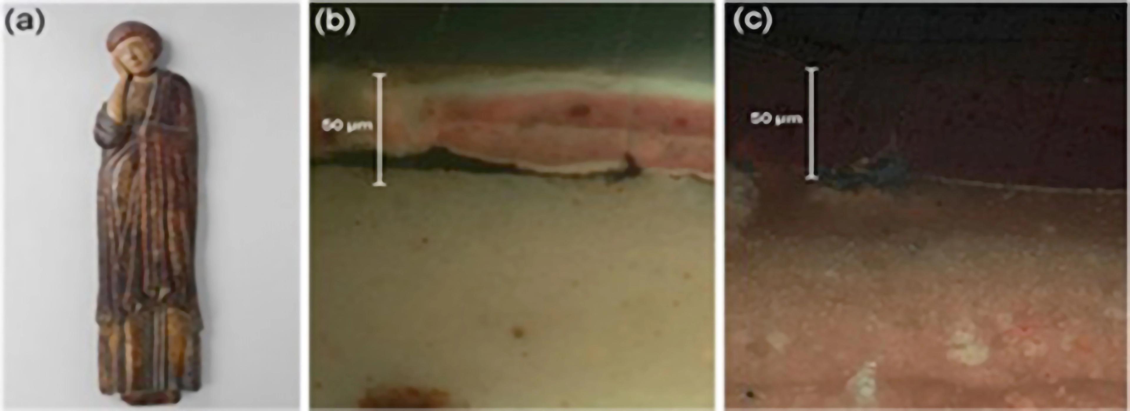 Wooden statue of St. John, with two images of cross-sections