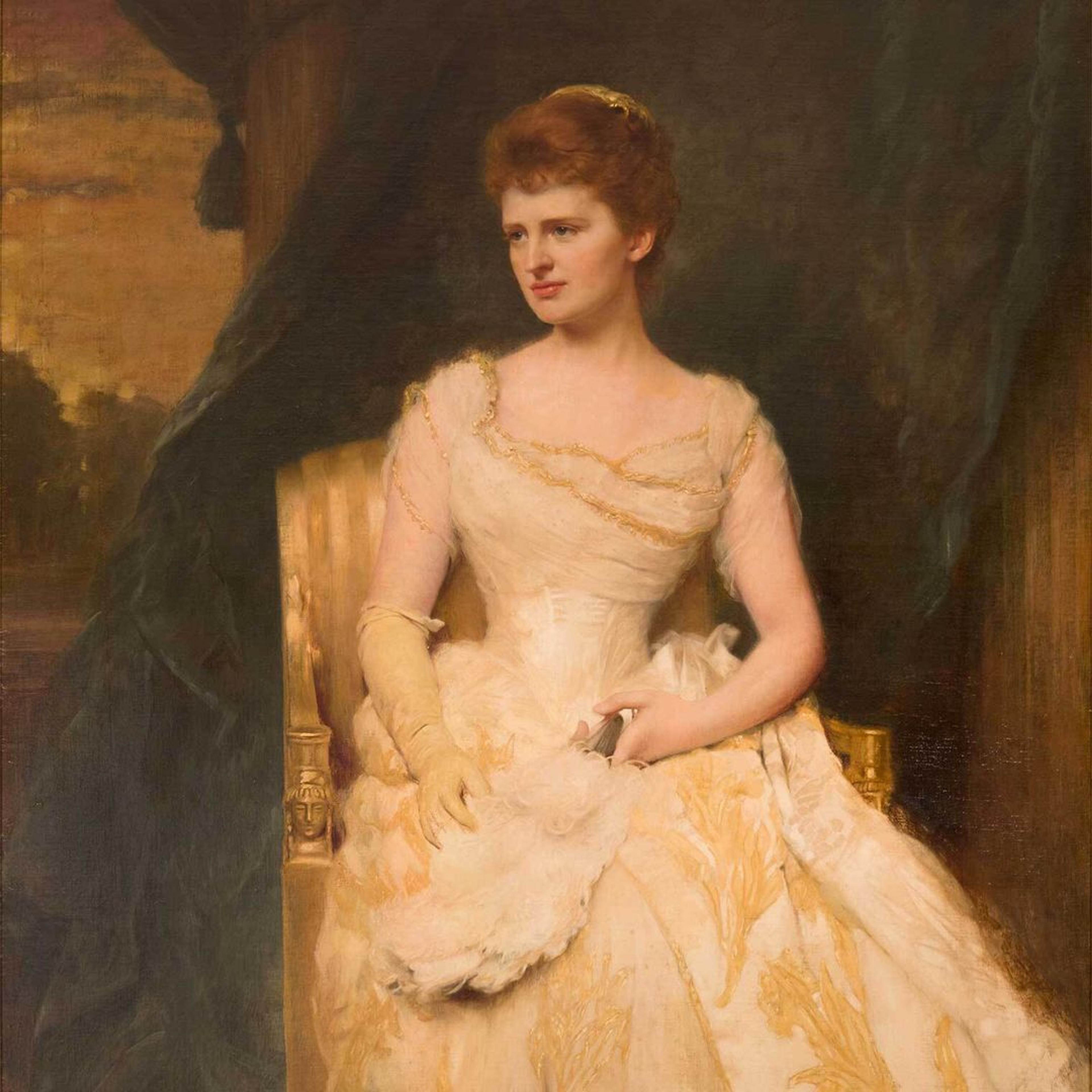 A well-dressed woman poses for a painting in an elegant off-white ballgown