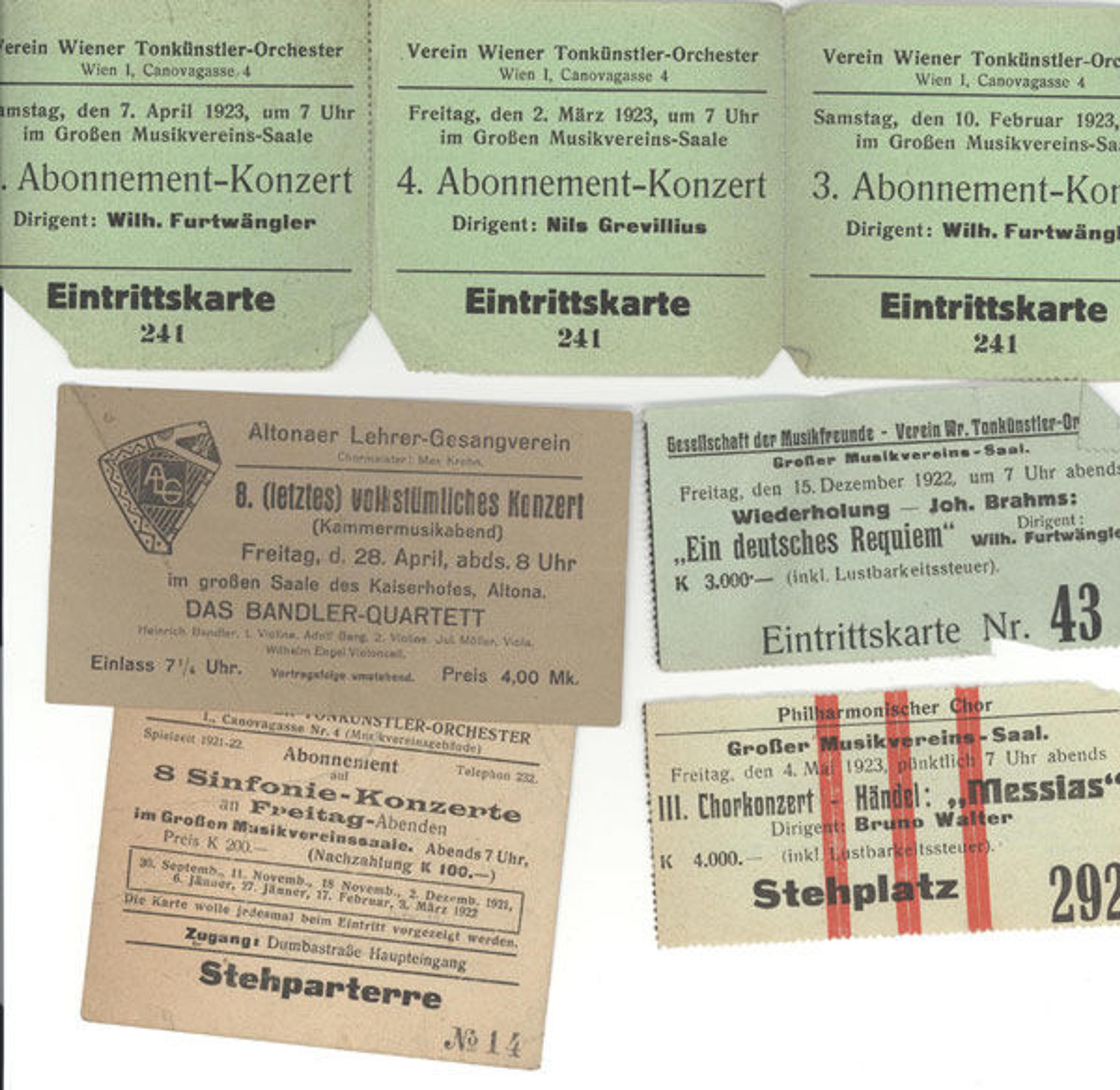 A selection of Winternitz's concert tickets from his time in Vienna, and the envelope where he kept them