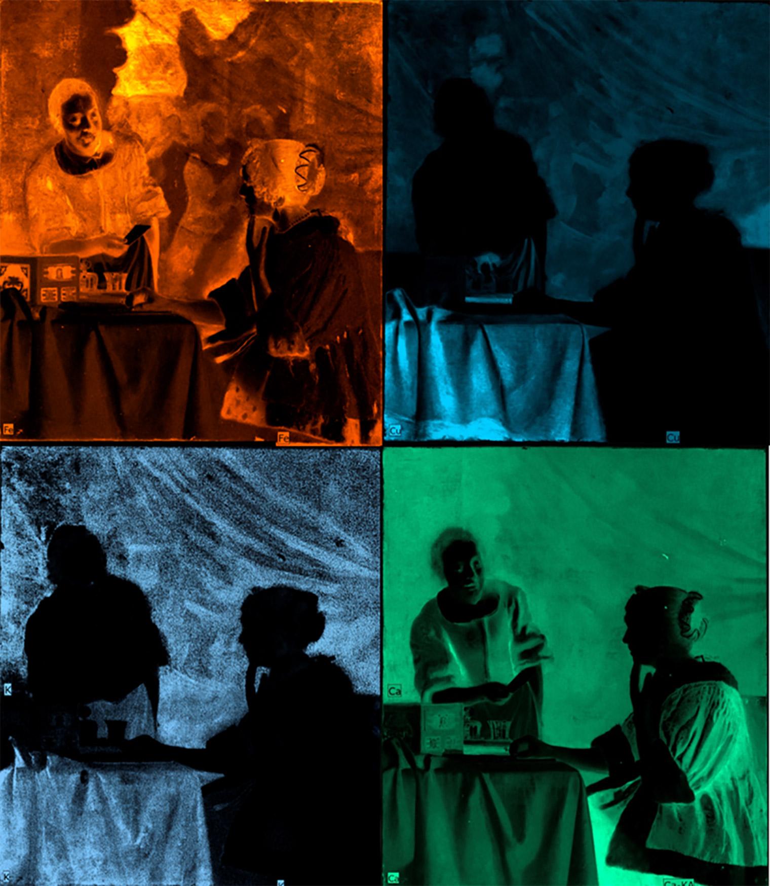A two-by-two grid of four X-ray images of Vermeer's Mistress and Maid