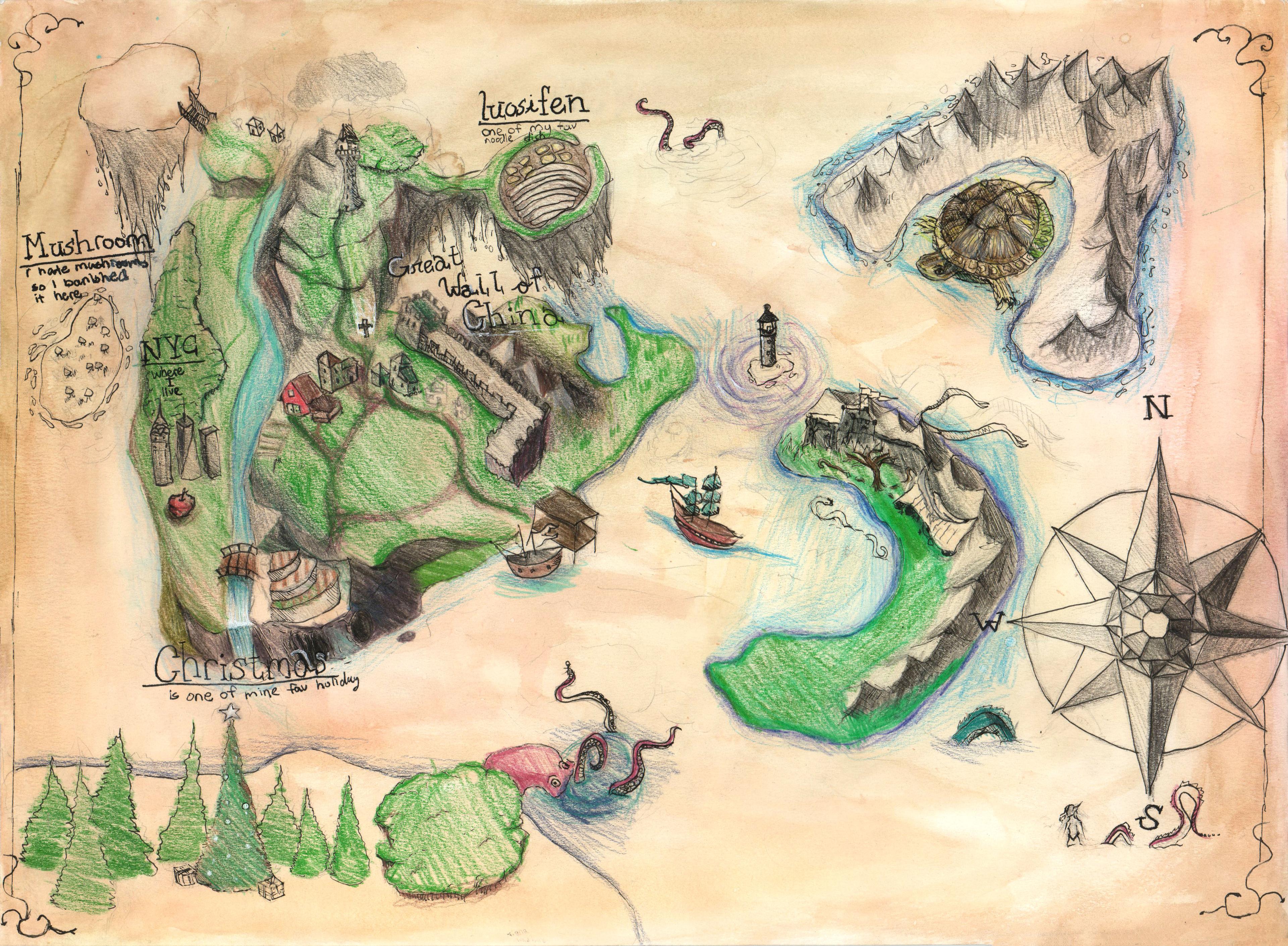 Drawing of an overhead map made with watercolor, colored pencil, and pen. The map shows a large green wedge-shaped island to the left, a small green island to the right shaped like a backwards letter C, and a small gray mountainous island to the top right that has a large bay in the middle with a giant turtle floating in the water. A small lighthouse on a tiny island sits directly between the large and small green islands. A small island, where mushrooms have been banished, is to the left of the large green island. Black text captions appear over landmarks on the large green island, such as NYC, Luosifen, and the Great Wall of China. Emerging at the bottom left corner of the map is a horizontal island with green pine trees labeled Christmas. A giant red octopus emerges from the water above the Christmas island to the right. A stylized nautical navigation compass is drawn near the bottom right edge of the map. A sea monster swims directly beneath the compass. A clipper ship sails from the small green island to a dock on the large green island.