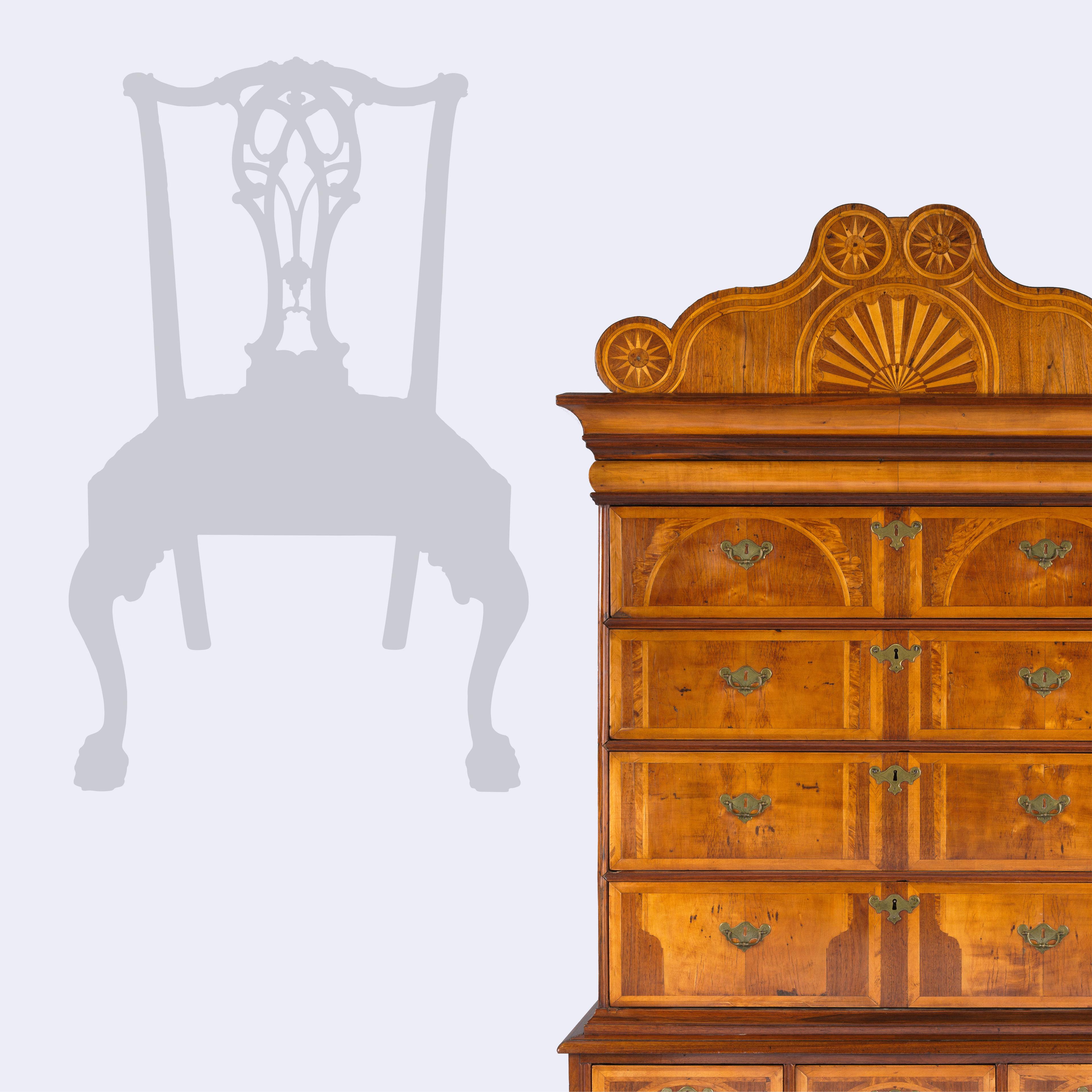 Classic outline of wood chair, beside wood dresser