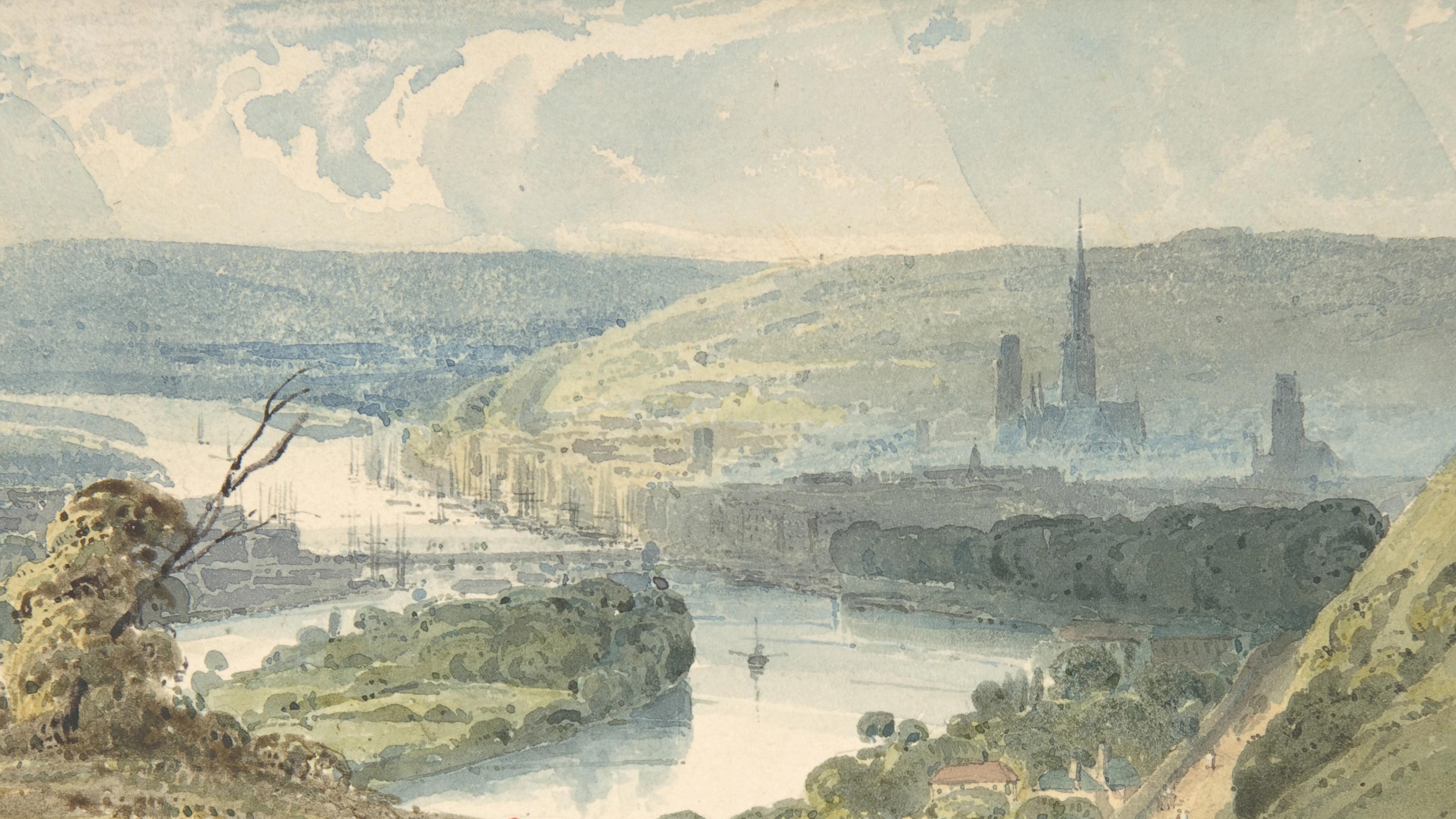 A watercolor painting of a hilly, lush green countryside with a river passing through it. There is a medieval city on the banks of the river.