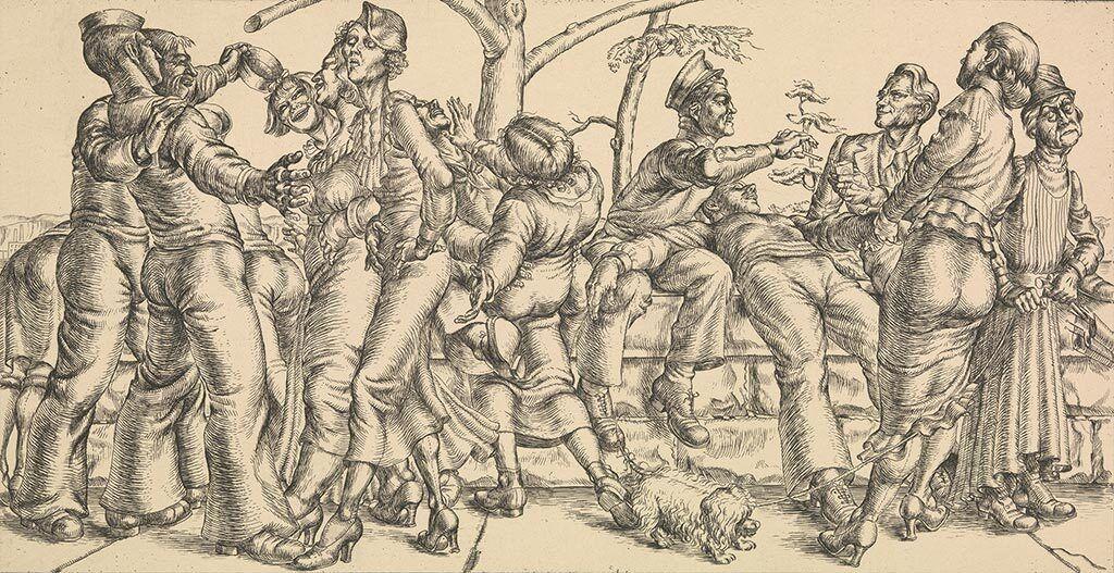 A print depicting a group of sailors carousing with men and woman on a ledge