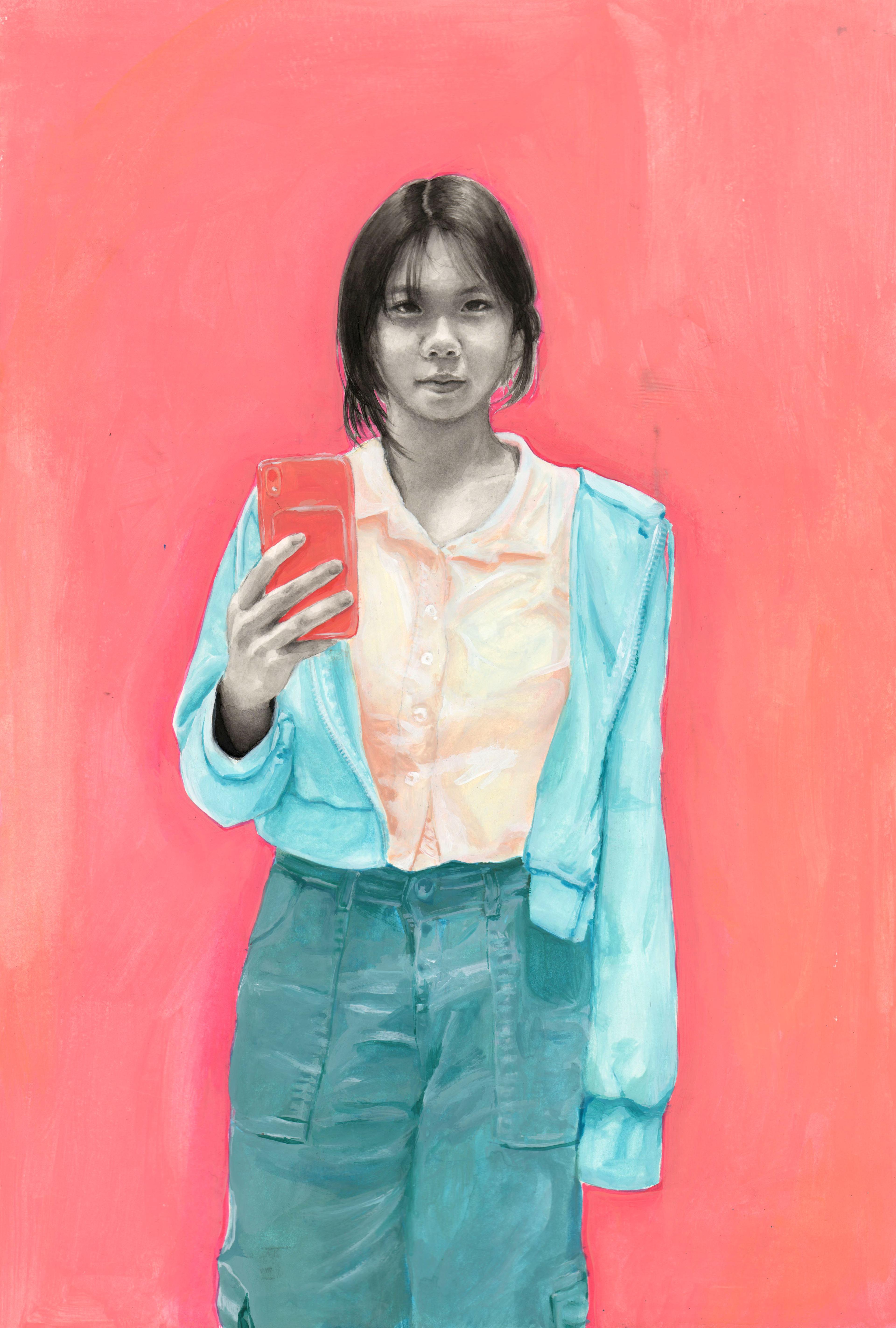 Watercolor-and-tempera painting of an adolescent Asian female standing in front of a pinkish red background, facing the viewer. She has short dark hair down to her chin, and holds a red smartphone up in front of her in her right hand, as if she is taking a selfie. She wears a light teal jacket, a light yellow buttoned shirt, and baggy, blue-green cargo pants. Her skin is painted in gray tones.