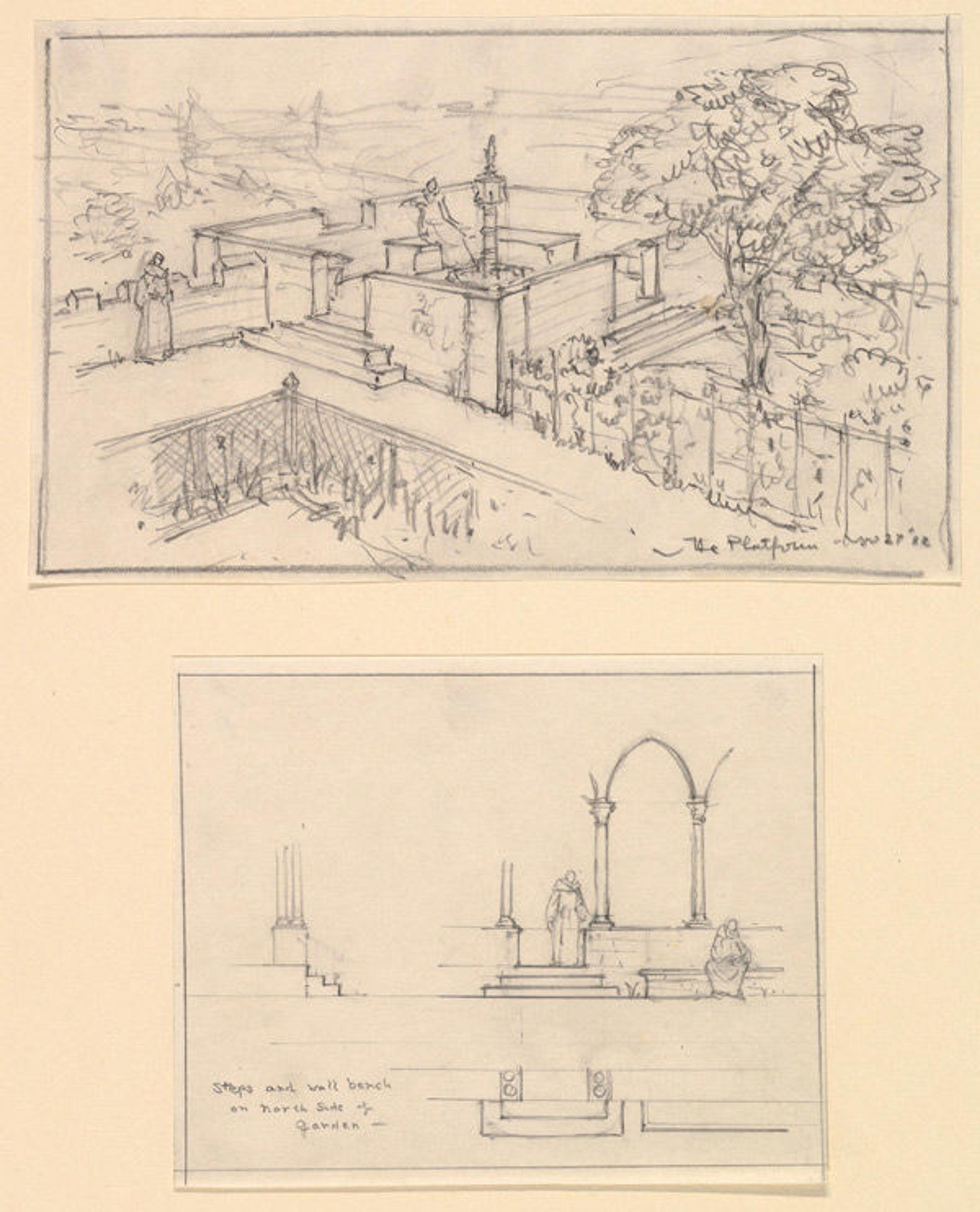 Joseph Breck (1885–1933). Design showing the raised platform with fountain at southwest corner of Bonnefont Cloister garden and steps on the north side, dated November 27, 1932.