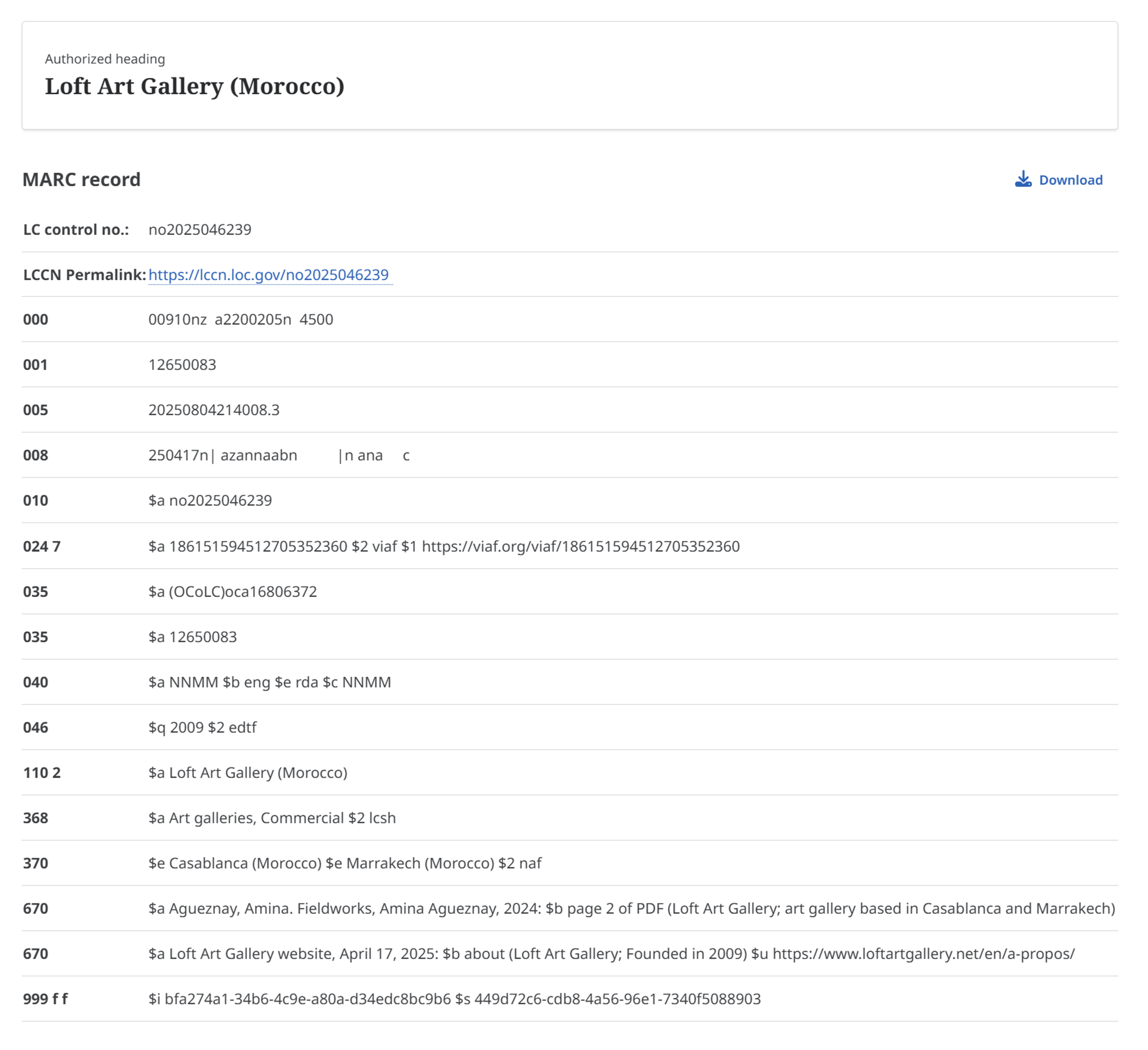 Name authority record data from Library of Congress