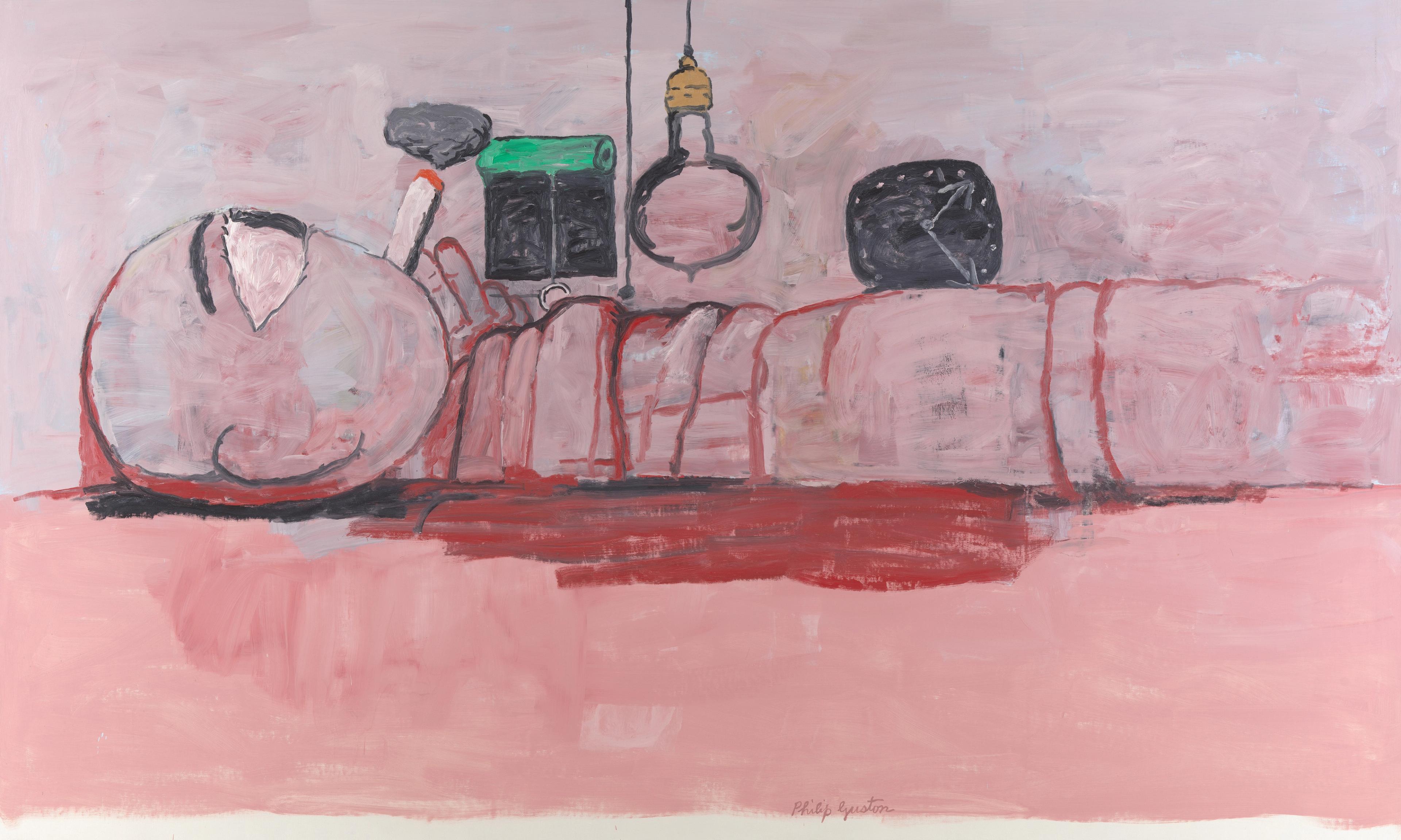 Stylized painting of a reclining figure outlined in loose pink and red brushstrokes, smoking a cigarette, with simplified objects like a lightbulb and a clock included in the frame.