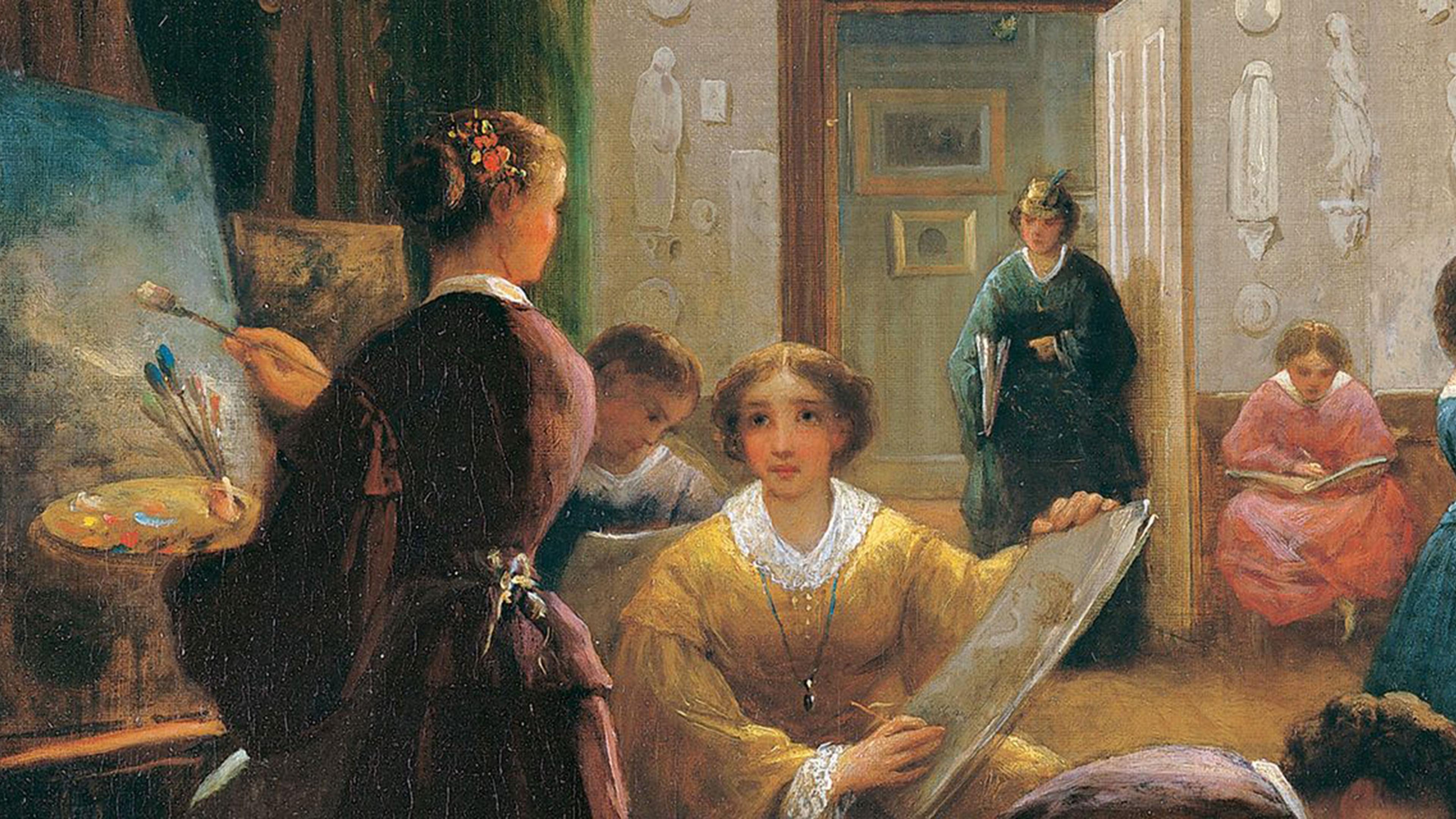 Woman painting while in a room full of women reading