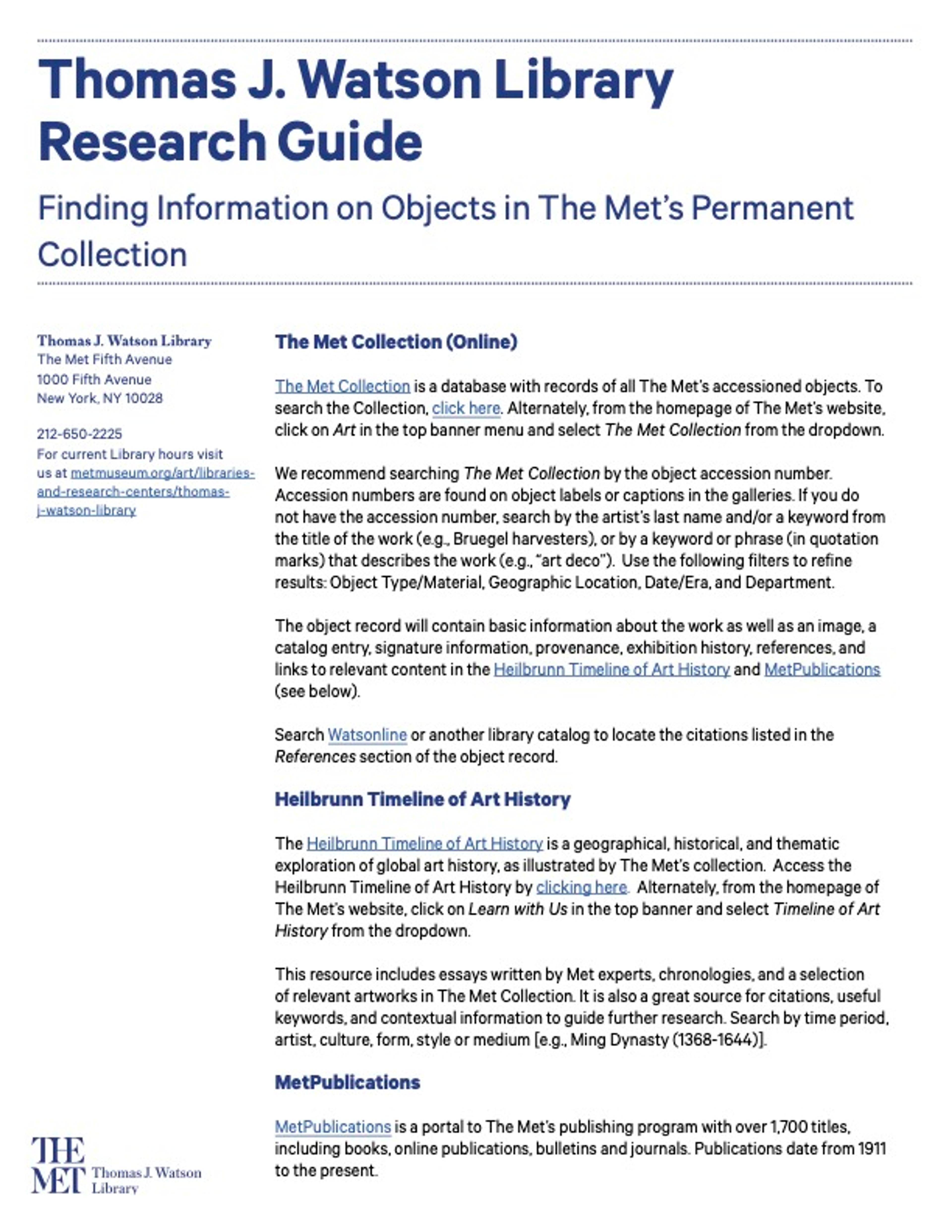 PDF of Thomas J. Watson Library Research Guide Finding Information on Objects in The Met's Permanent Collection