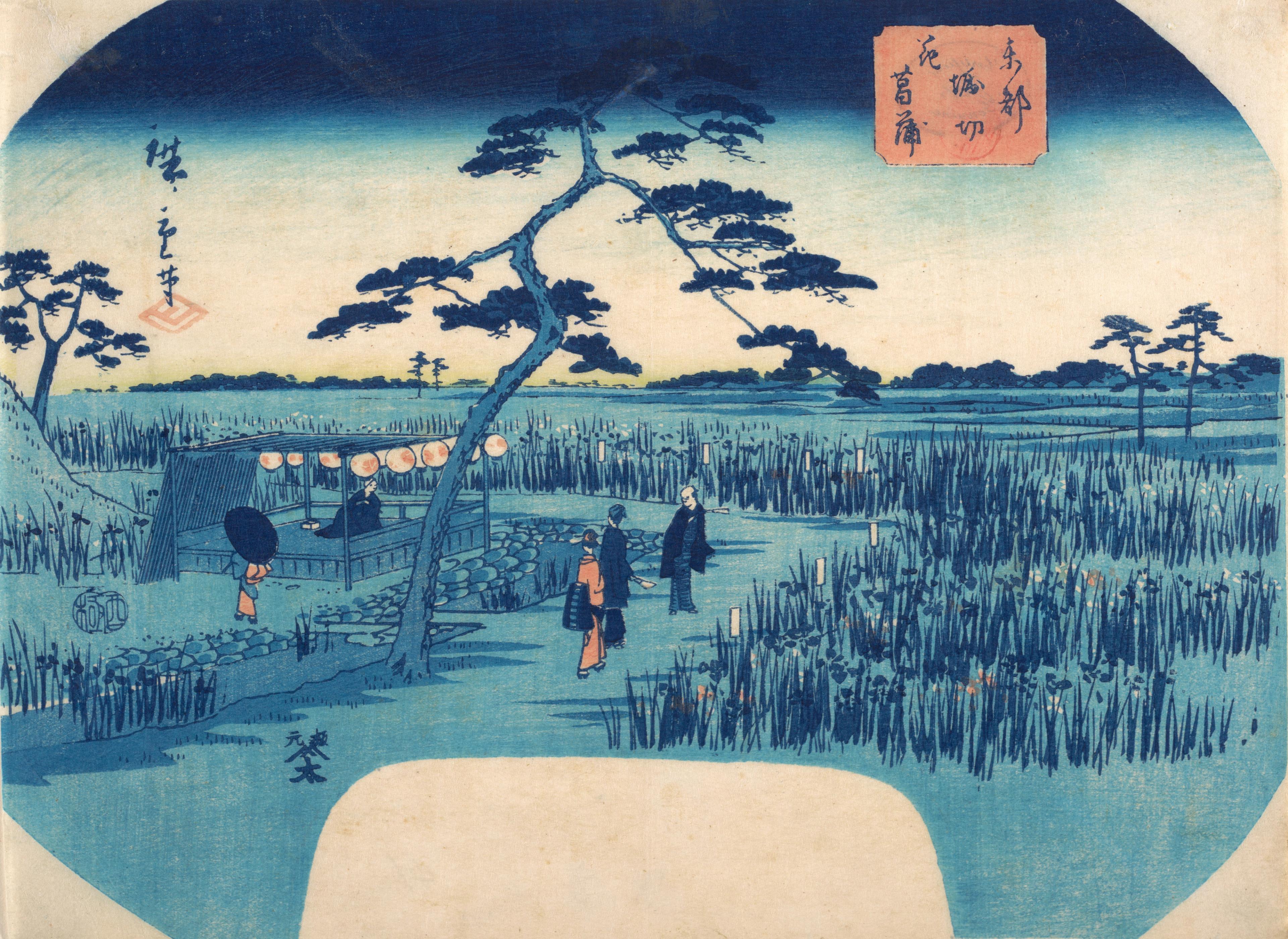 Print awash in shades of blue showing figures milling about a garden.