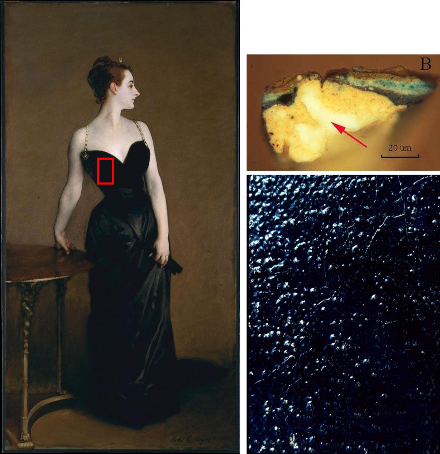 Composite image showing the painting Madame X, a detail of the paint layer, and a microscopic image of the paint layer for analysis