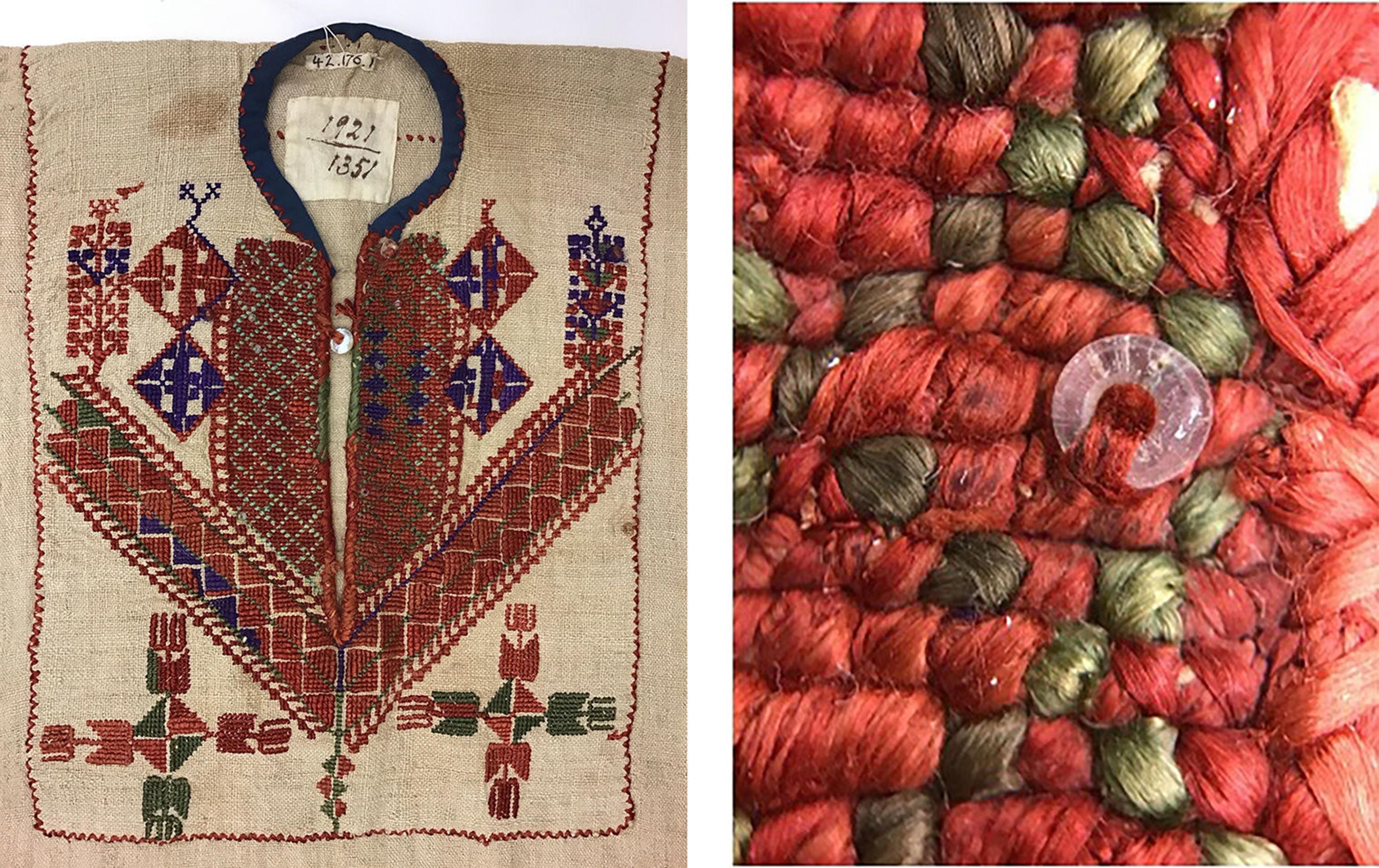 At left, the body of an embroidered throbe. The embroidery accents the beige linen fabric with reds, greens, and blues in symmetrical, geometric patterns. At right, a detail of a red and green embroidered area.