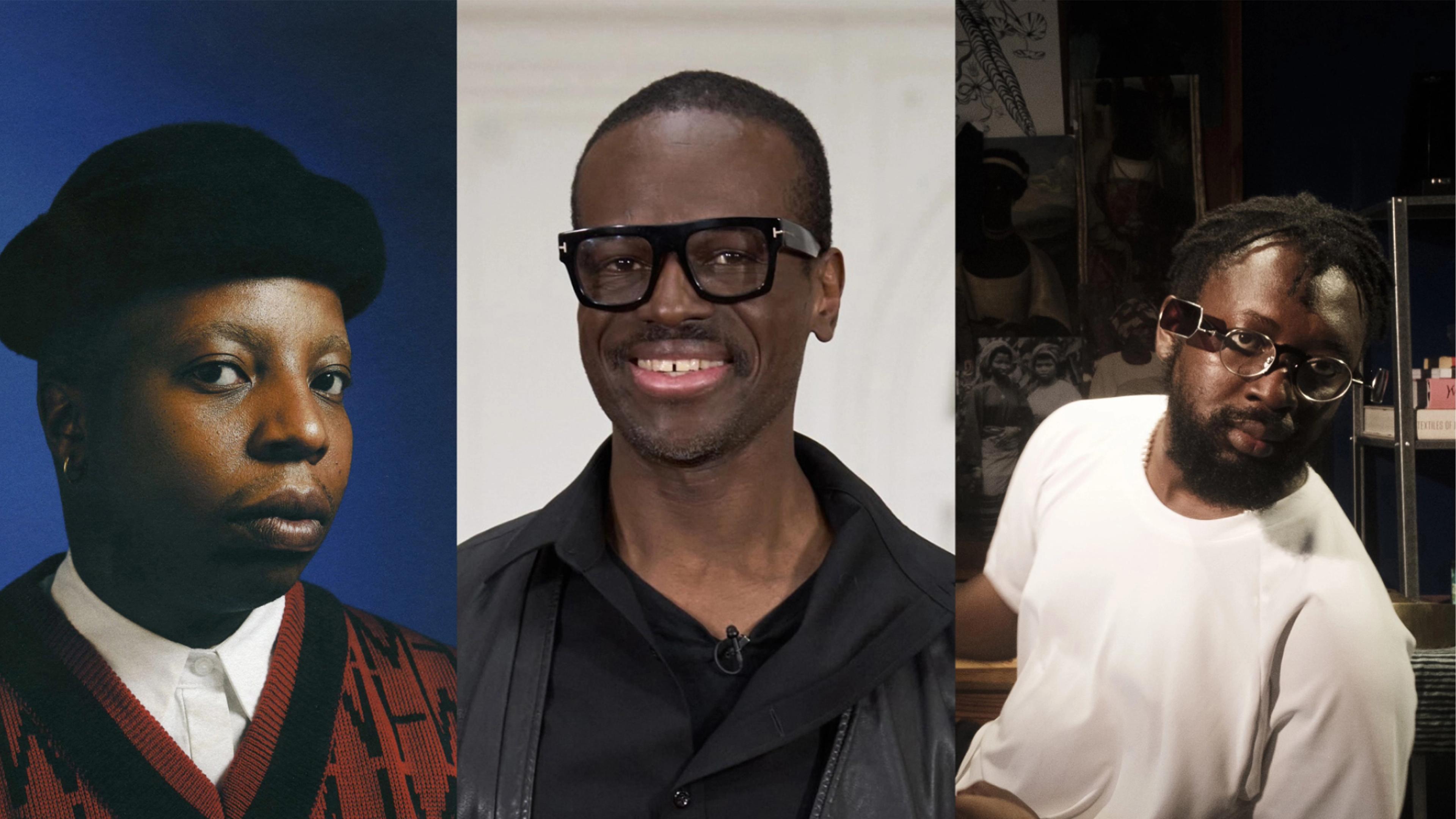 Three people in a collage: left is wearing a beret and sweater, middle is smiling in glasses and a black jacket, right wears glasses and a white shirt.