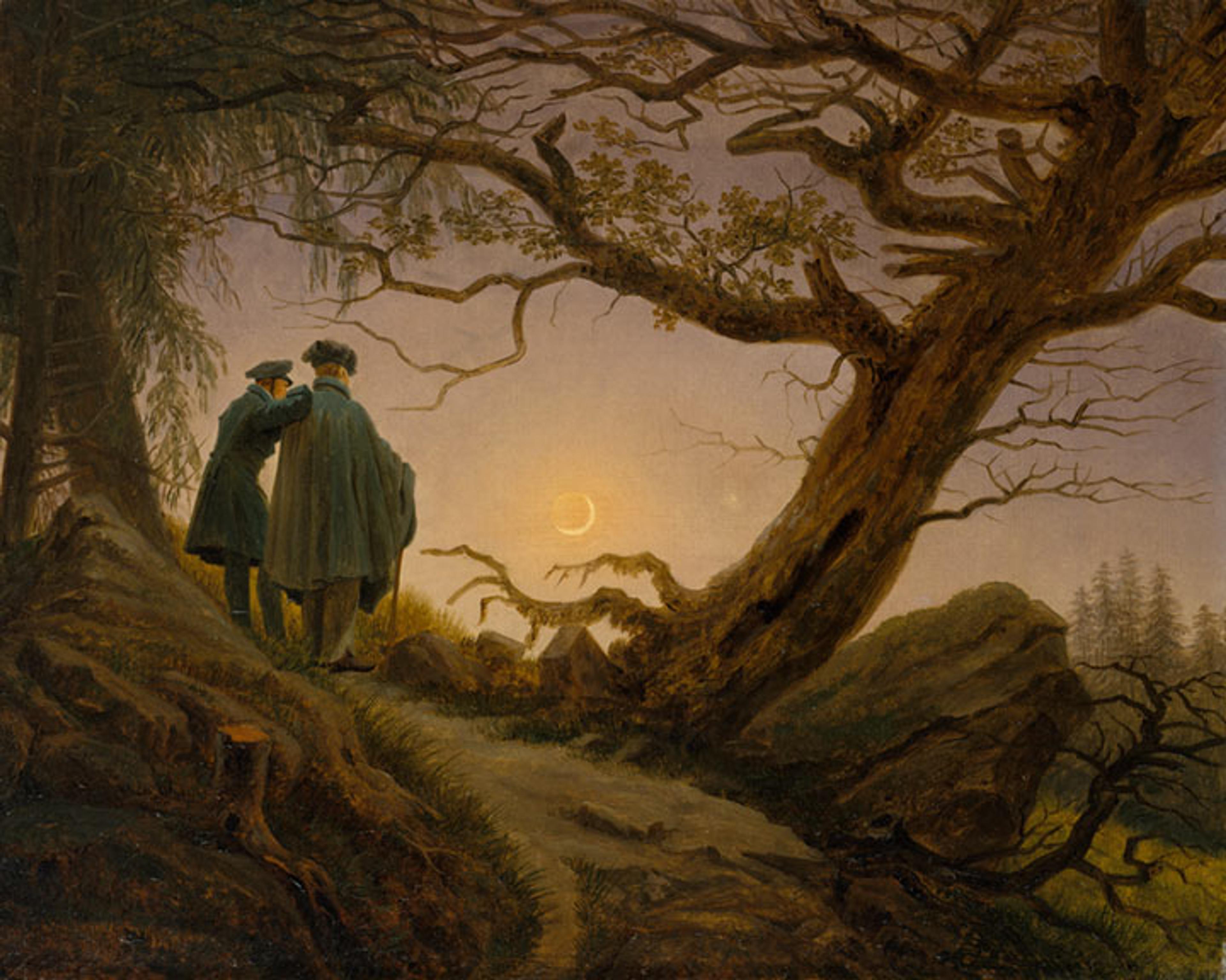 A painting of two men standing in a forest during the late afternoon, with a leafless tree