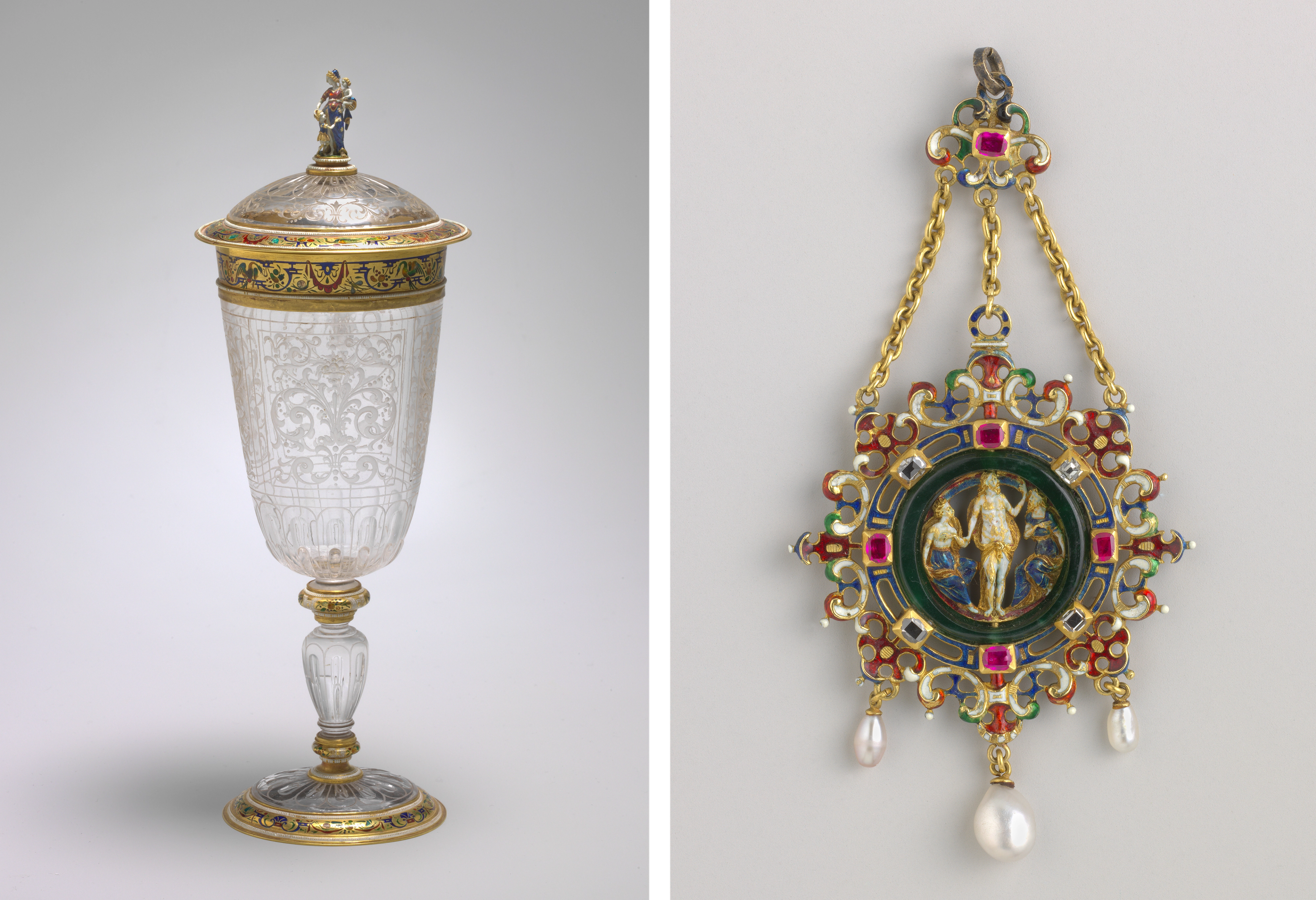 Glass and gold chalice with an ornamented lid at left, and a bejeweled pendant with religious figures at right