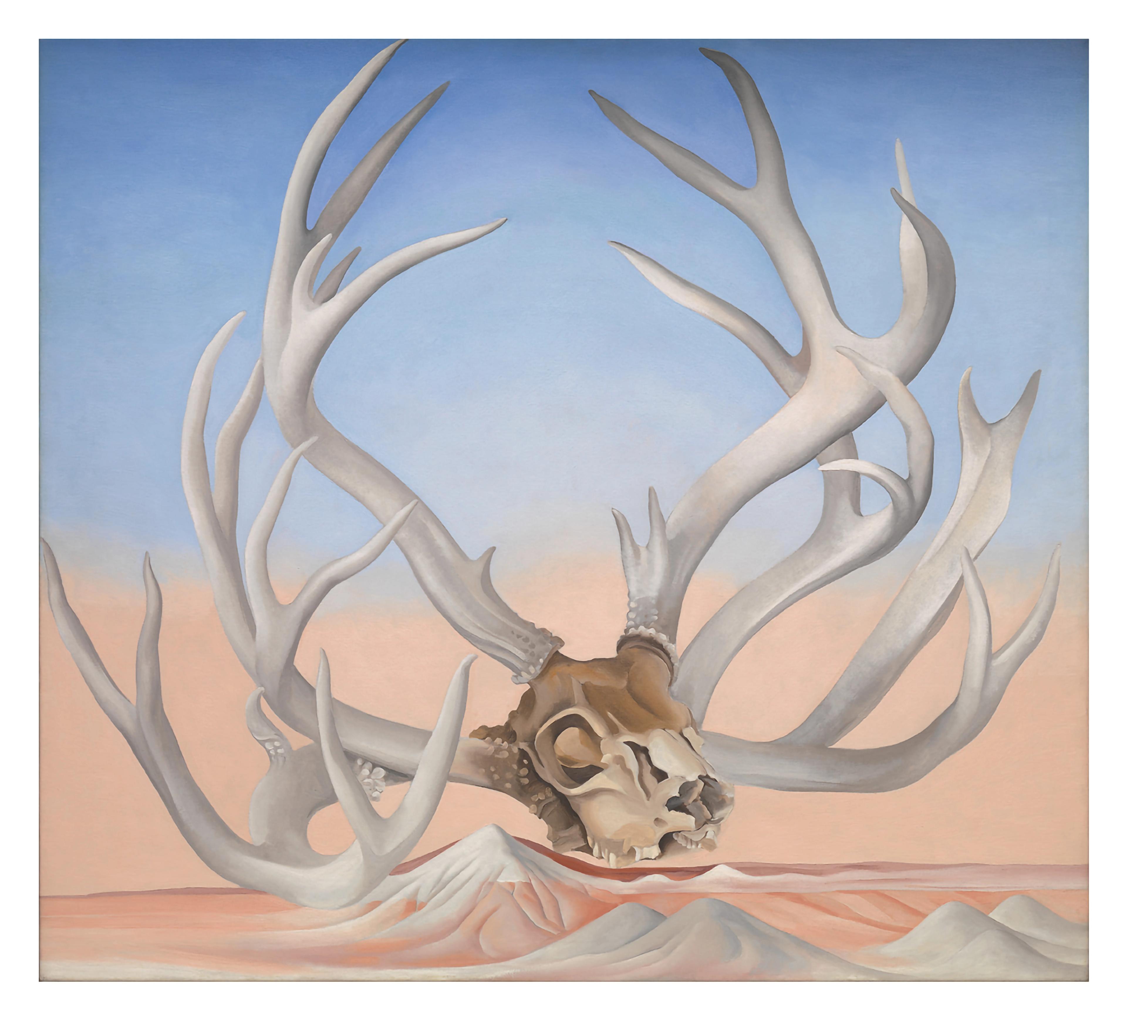 Georgia O'Keeffe's painting, "From the Faraway, Nearby" with an imaginary mule deer skull and antlers levitating over a generalized desert landscape