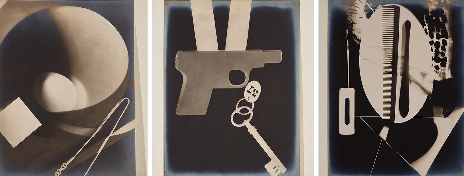 Three abstract photograms display everyday objects: a bowl, gun, and comb. The arrangement is stark and surreal, conveying a sense of mystery.