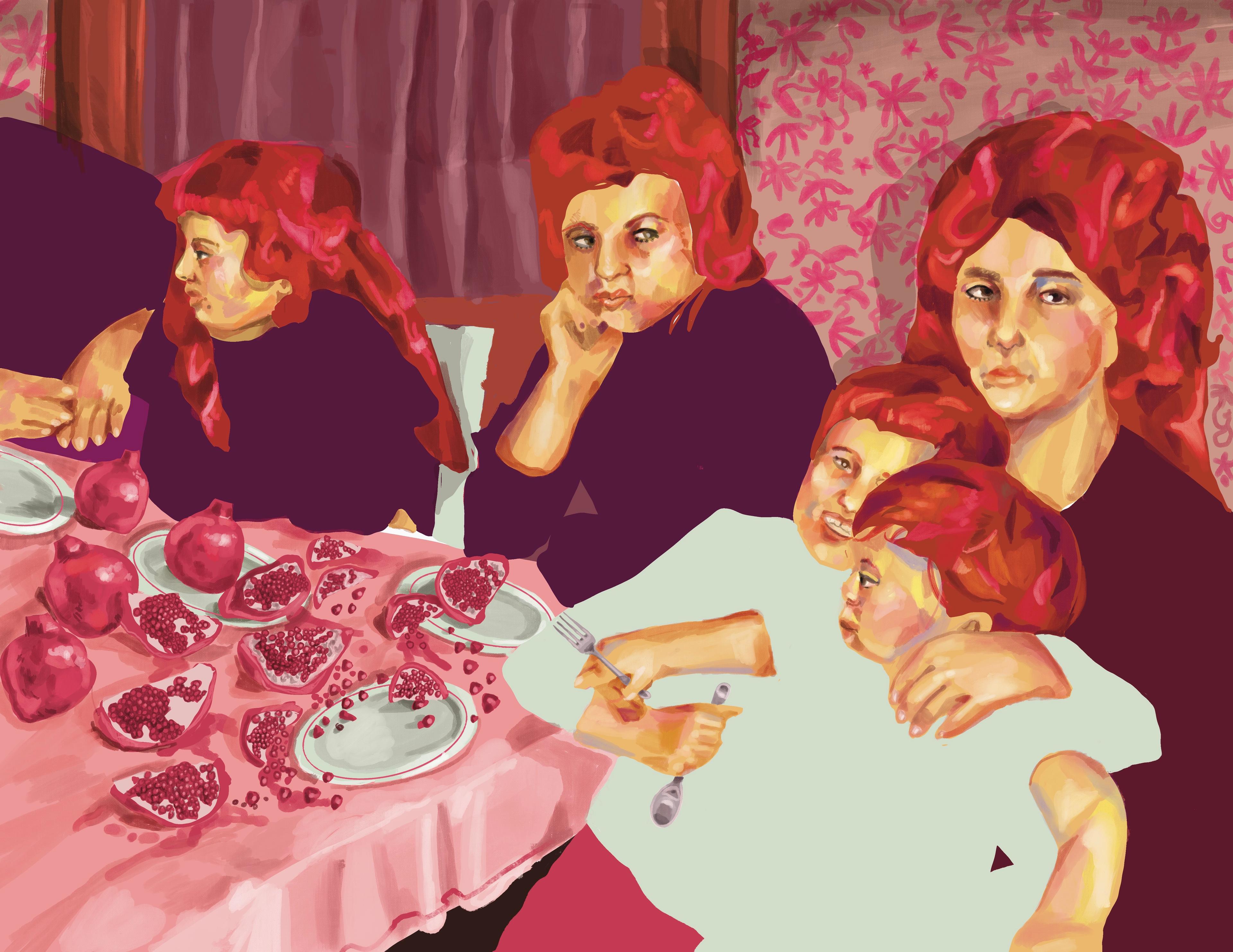Family of women sitt around the table while eating pomegranates.