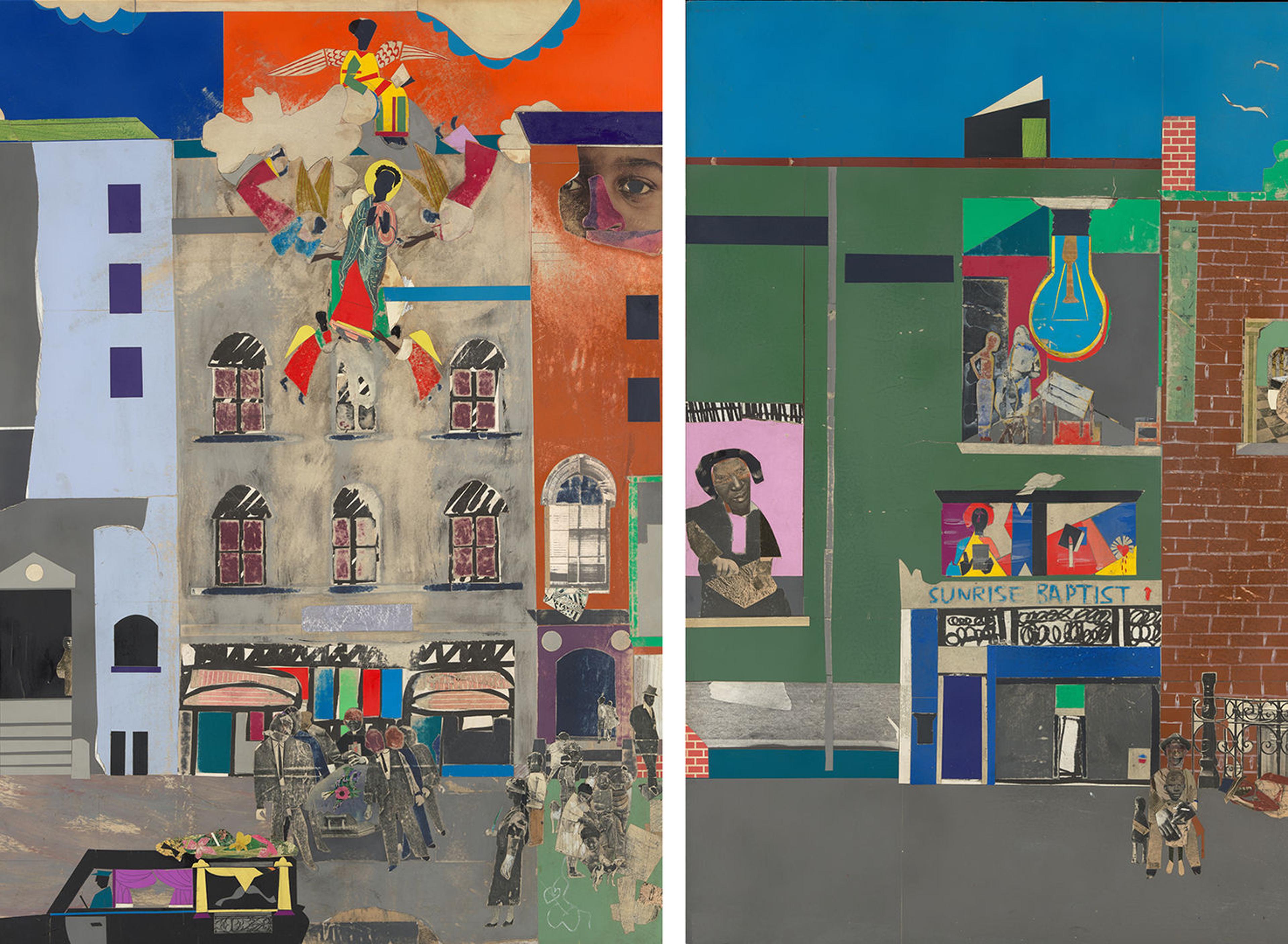 Two details of a large, colorful collage of a harlem block.