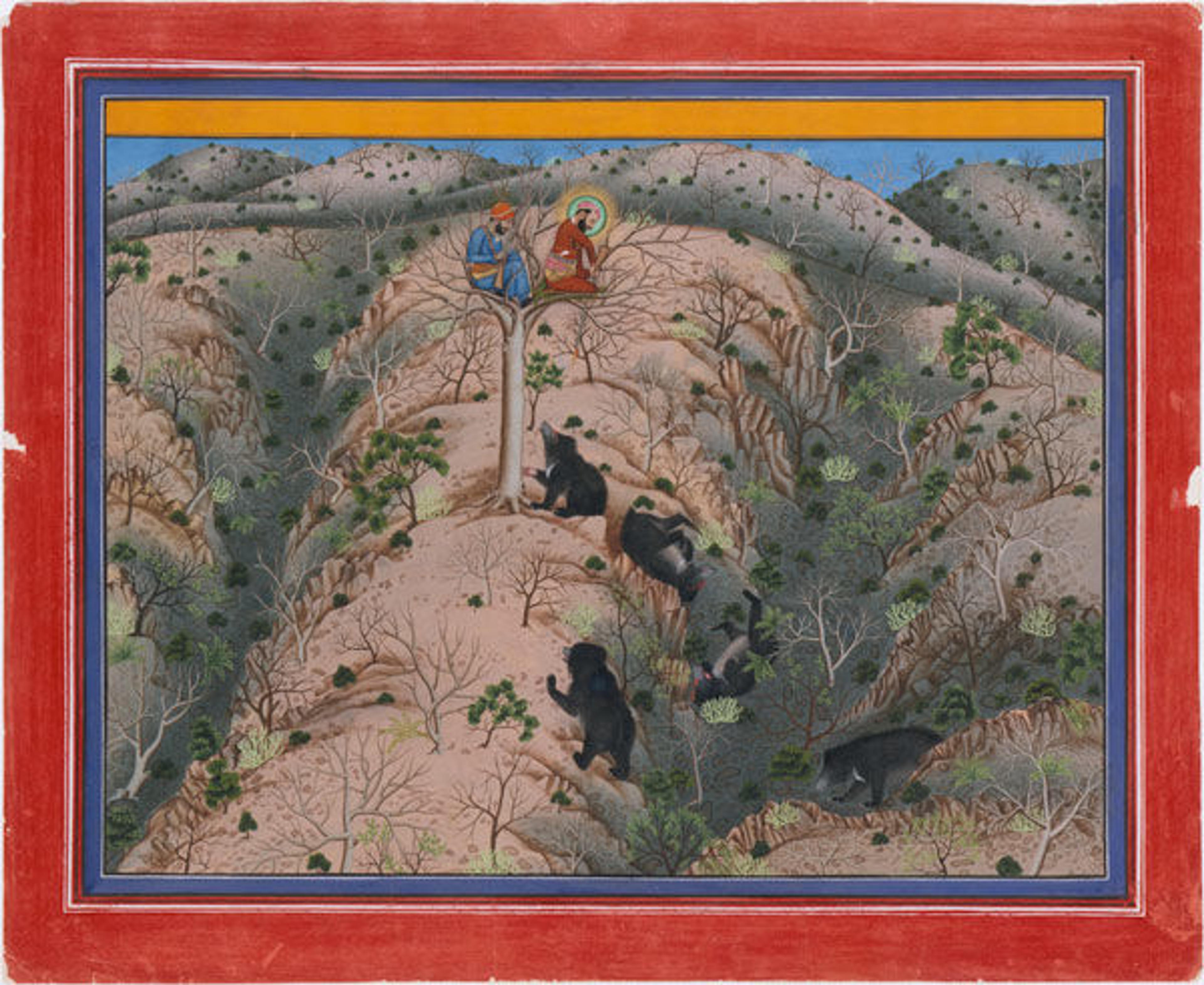 Attributed to Pannalai. Maharaja Fateh Singh Hunting Female Bears, dated 1917. Western India, Rajasthan, Udaipur. Ink, opaque watercolor, and gold on paper; 13 3/8 x 18 1/4 in. (34 x 46.4 cm). The Metropolitan Museum of Art, New York, Purchase, Cynthia Hazen Polsky Gift, 1992 (1992.7.1)