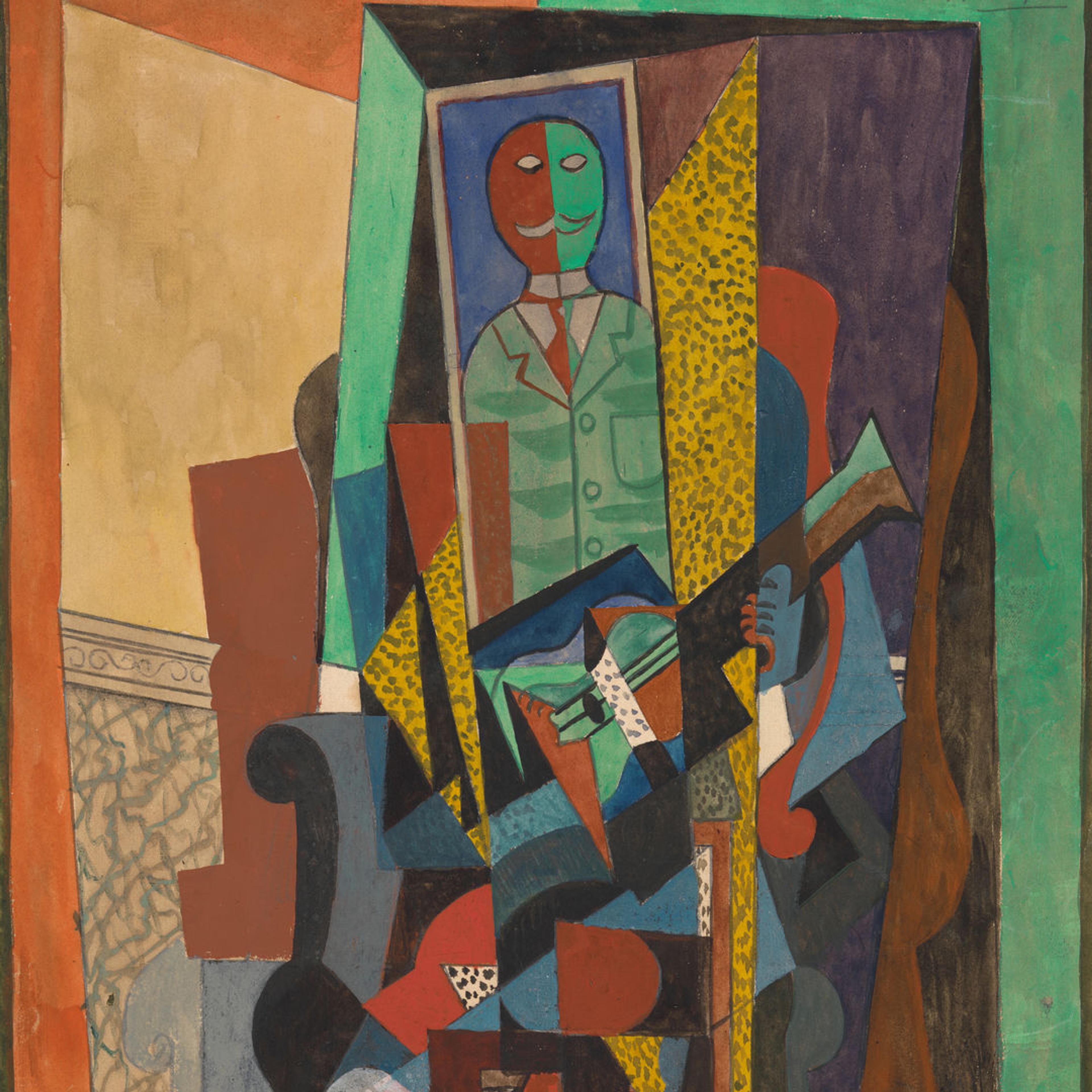 Painting of a mustachioed man holding a guitar with an environment of interlocking colored planes