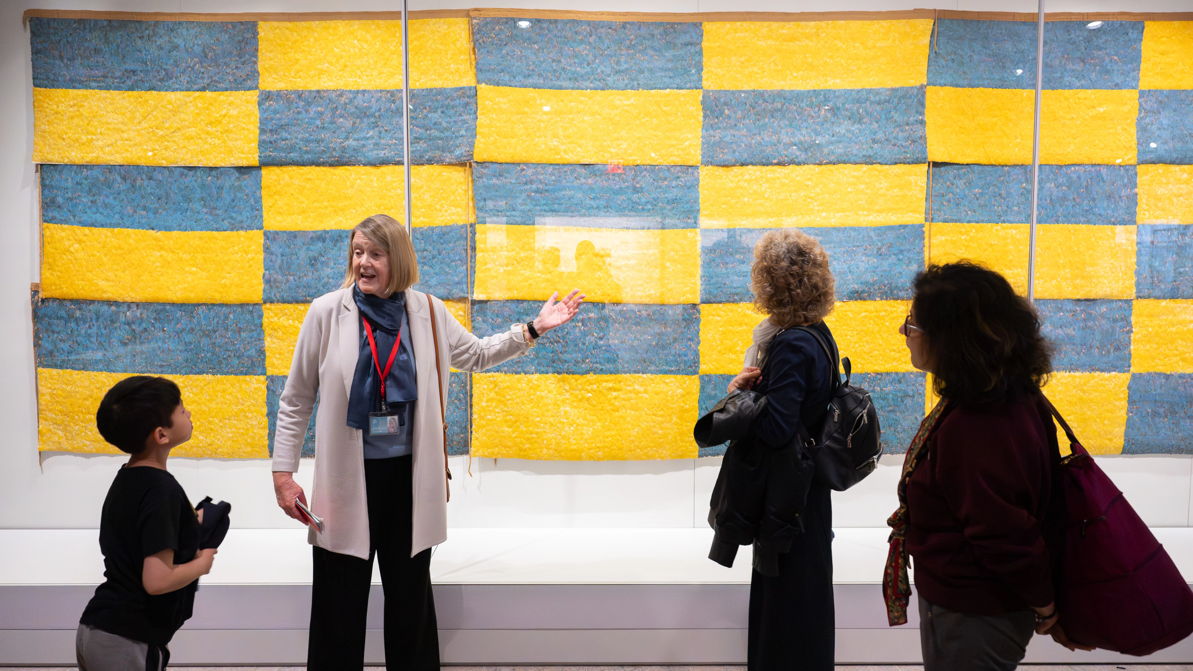 A tour guide and group in front of Feathered Panel (Gallery 363). 