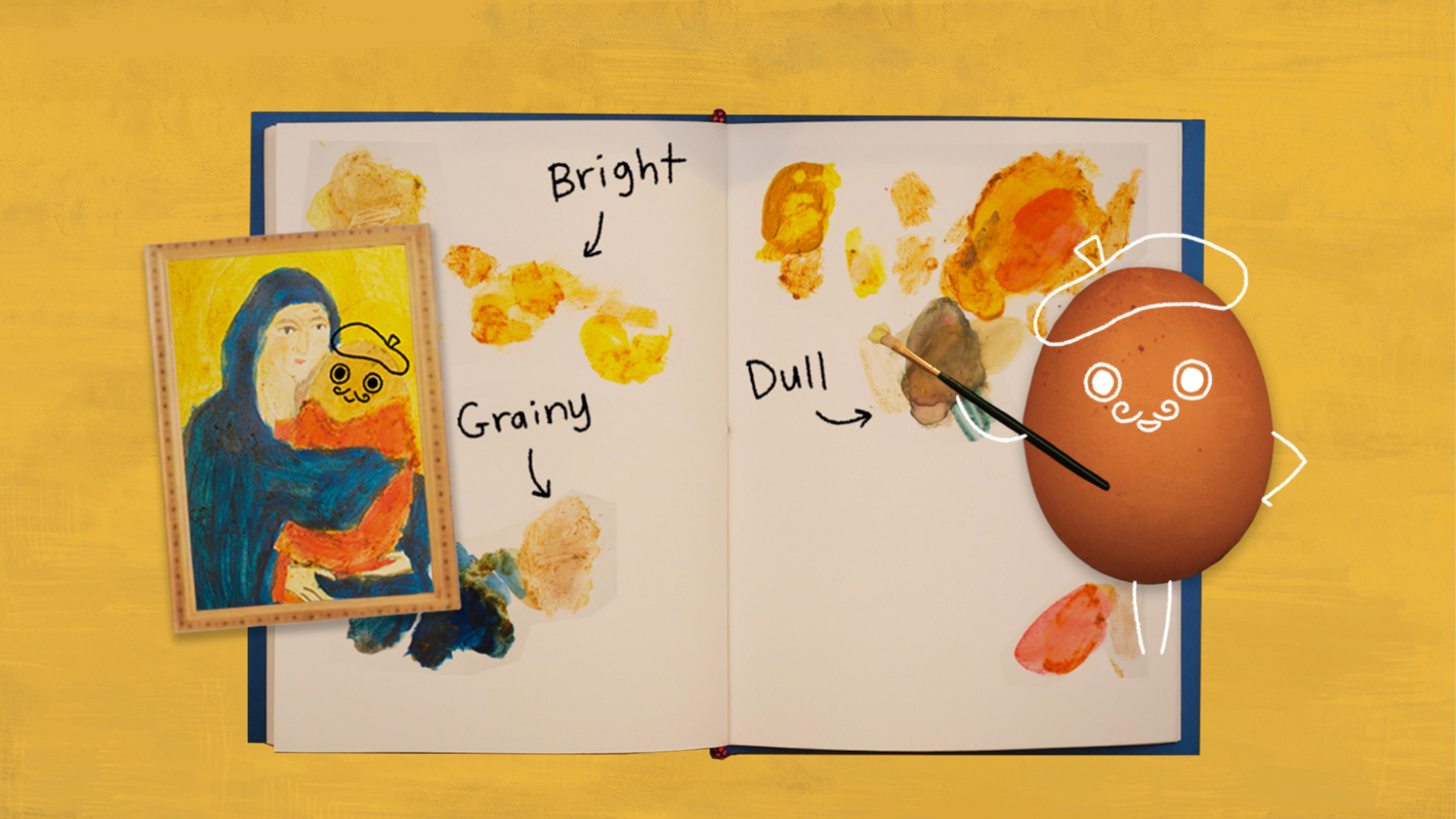 An illustration featuring a notebook, an egg with a hand drawn face, and a painting