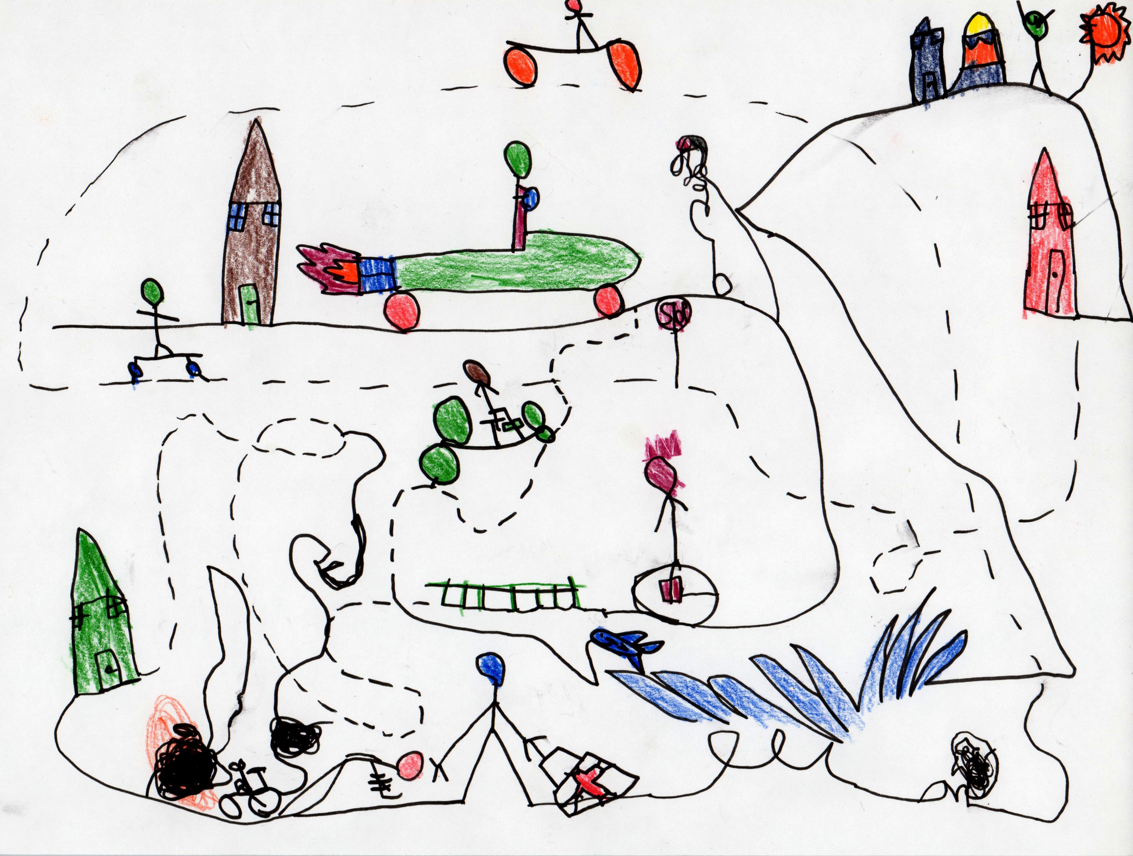 Flair pen–and–colored pencil illustration of a broad pattern of intertwined solid and dashed black lines representing the paths and movements of the various figures drawn on them. Near the top left, a stick figure with a round green head rides a skateboard on a dashed line with a brown house to the right, followed by a green car with red wheels driven by another stick figure with a round green head. The car travels from left to right, with red flames bursting out of an exhaust port in the rear. At top center, another stick figure with a round red head rides a skateboard on a dashed line. At top right, a row of objects sits on a solid line surrounding a stick figure with a round green head. A red house sits on the solid path directly below. Near the center of the illustration, a stick figure with a round brown head rides a bicycle with green wheels along a dashed line toward a red stop sign. Further below, a stick figure with a round red head stands in a circle atop a solid line, with a green fence to the left. At the bottom of the illustration, from left to right on a solid line, is a green house, a dense black squiggle, a bicycle, a kneeling stick figure with a pink head, a stick figure with a blue head standing at center with legs wide, holding a white bag with red markings. Further to the right, the solid line loops three times and becomes a dense black squiggle near the bottom right corner of the picture. Exploding blue waves of water appear above the three loops, and a blue fish jumps out of the water to the left, connecting to a solid black line with its mouth.