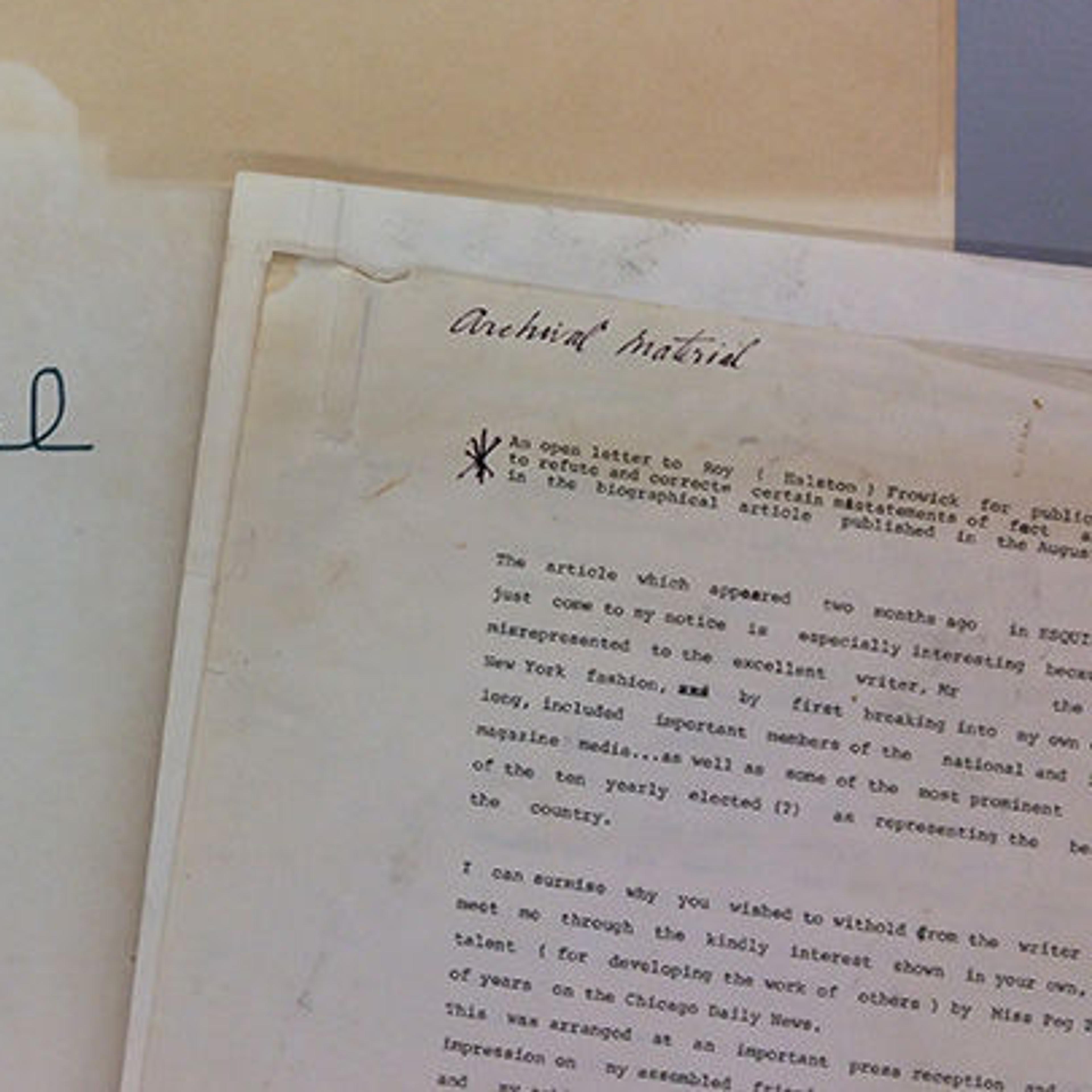Folder inscribed with "Archival Material" and typewritten letter.