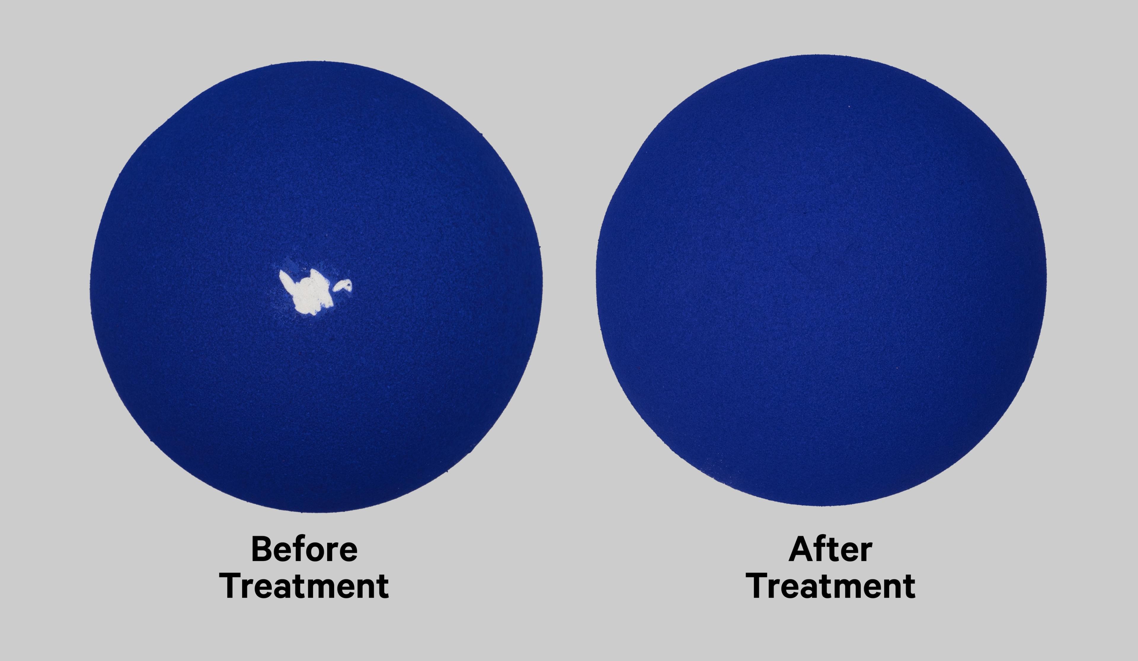 Two views of a blue dome comparing pre- and post-treatment conditions. The dome at left shows a white area indicating loss of the blue paint.