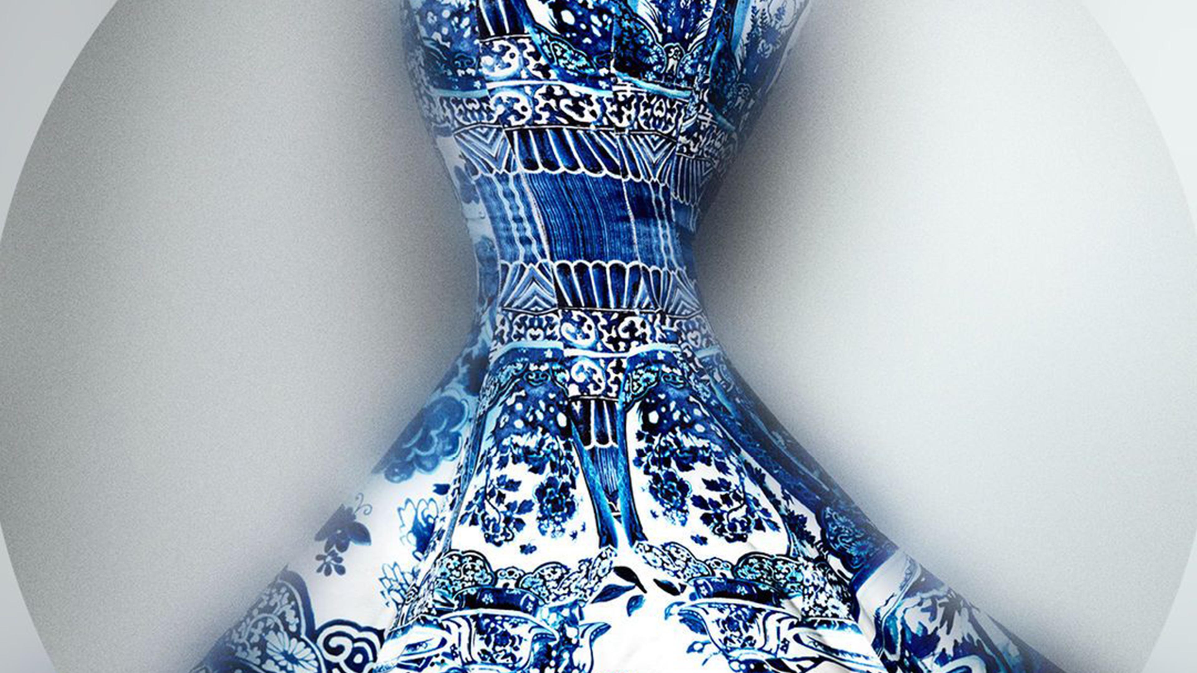 Blue and white evening dress (detail)