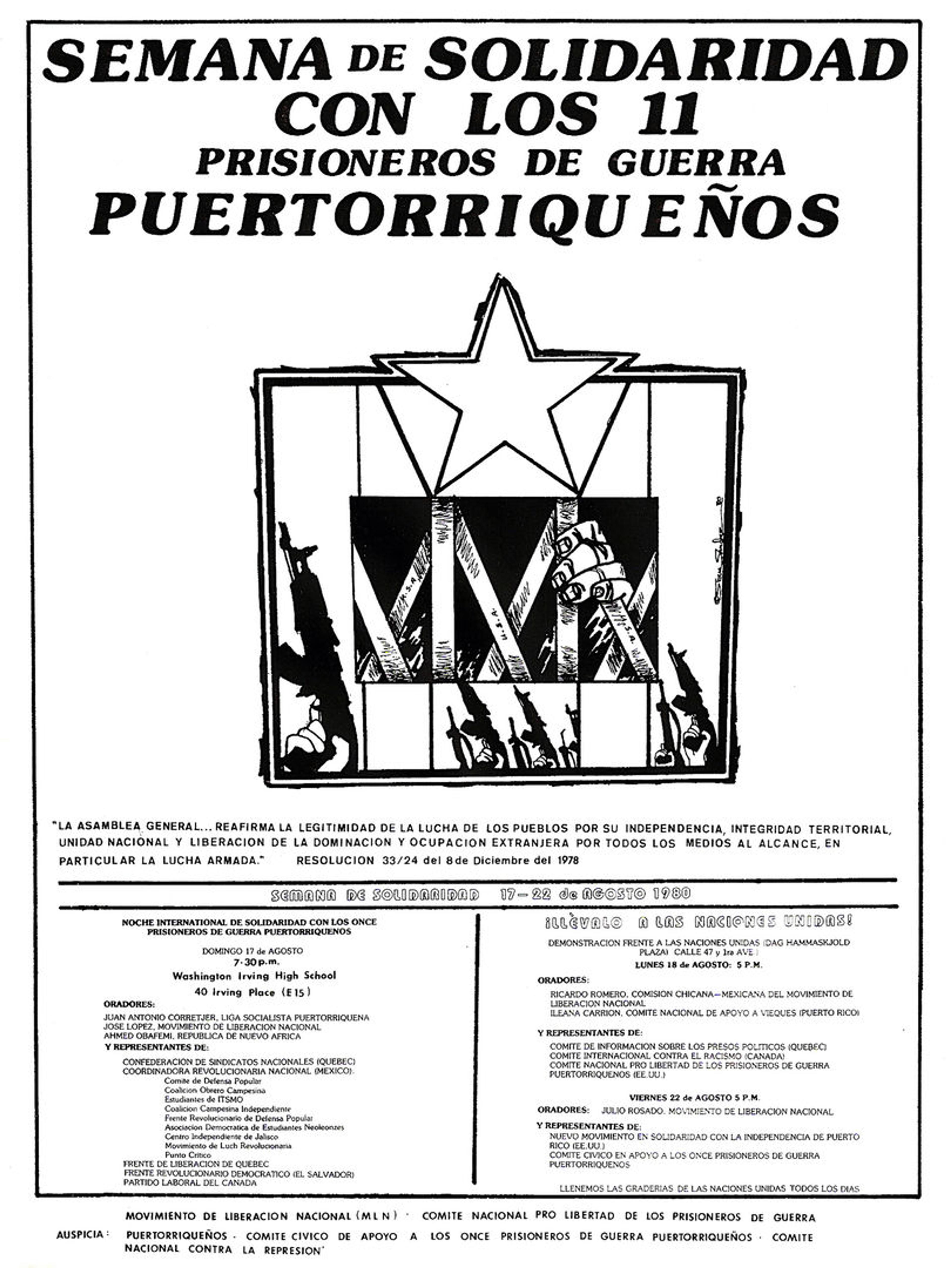Black-and-white flyer, written in Spanish, advertising a "Solidarity Week" for Puerto Rican prisoners of war.