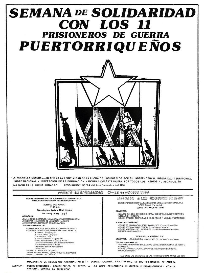 Black-and-white flyer, written in Spanish, advertising a "Solidarity Week" for Puerto Rican prisoners of war.