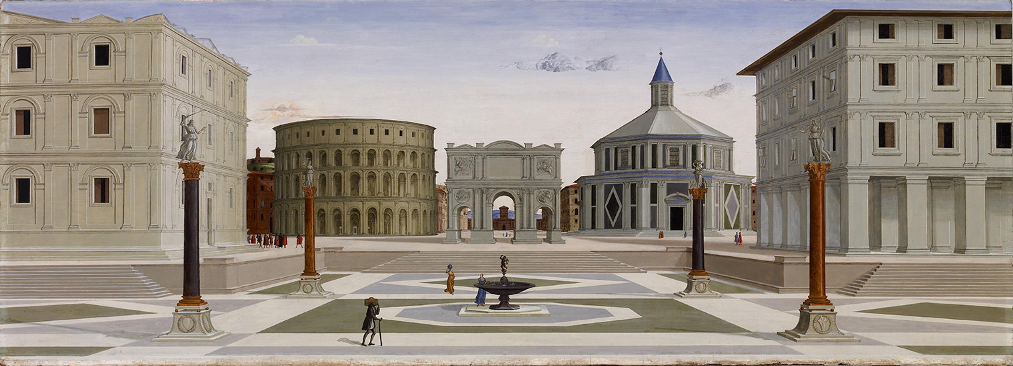 Renaissance-style painting depicts an idealized city square with symmetrical buildings, columns, and arches under a blue sky