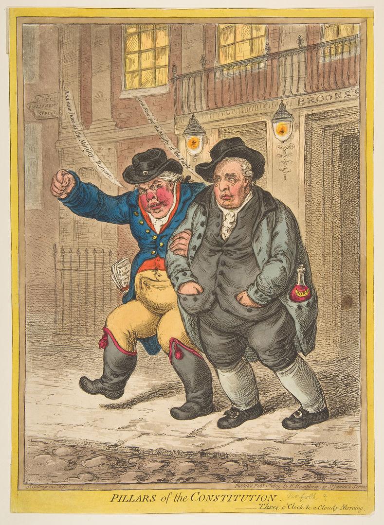 Two older men, who appear to be intoxicated, stand arm in arm outside a building in the early morning hours.