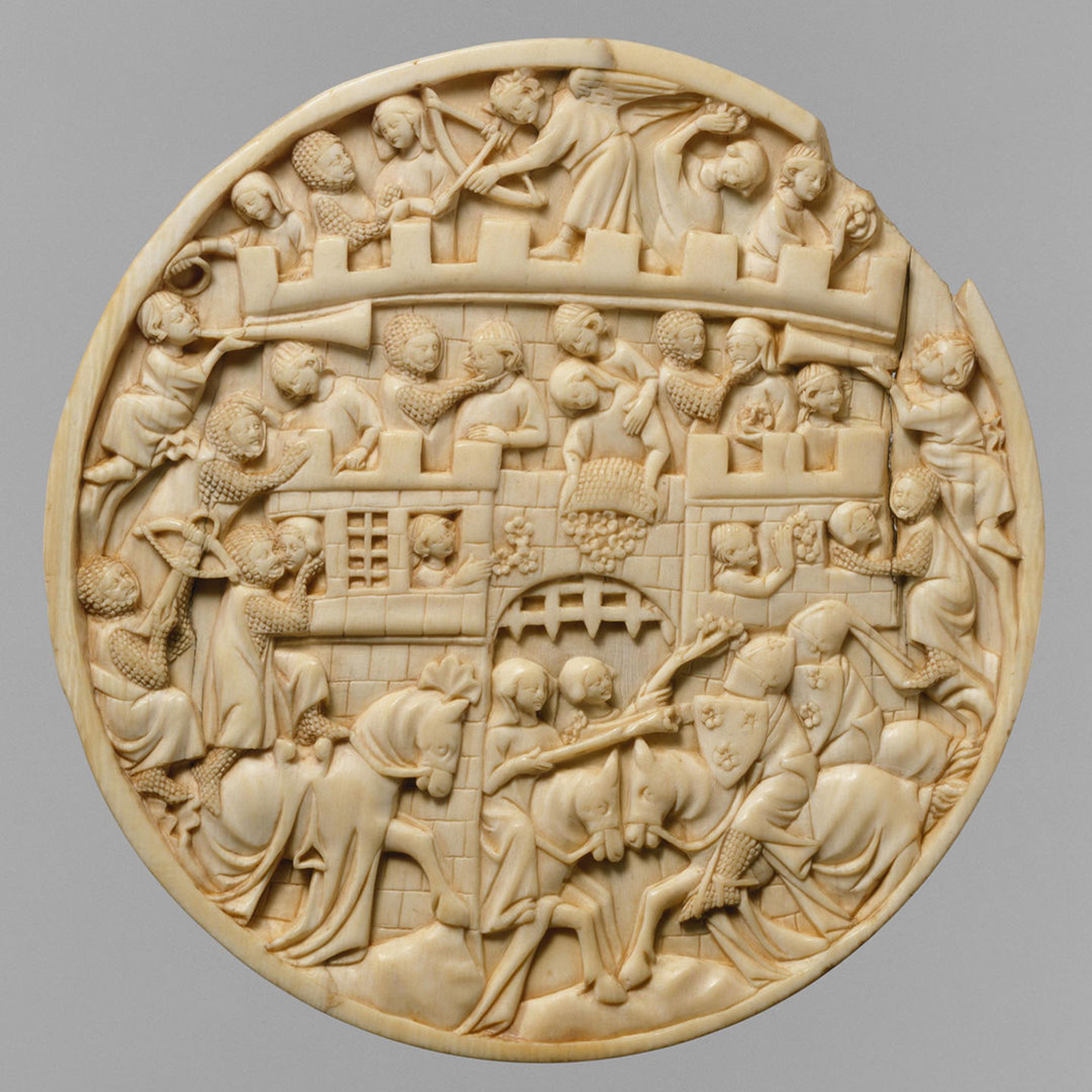 A roundel depicting a scene of the defenders of the Castle of Love showering the attacking knights with roses.