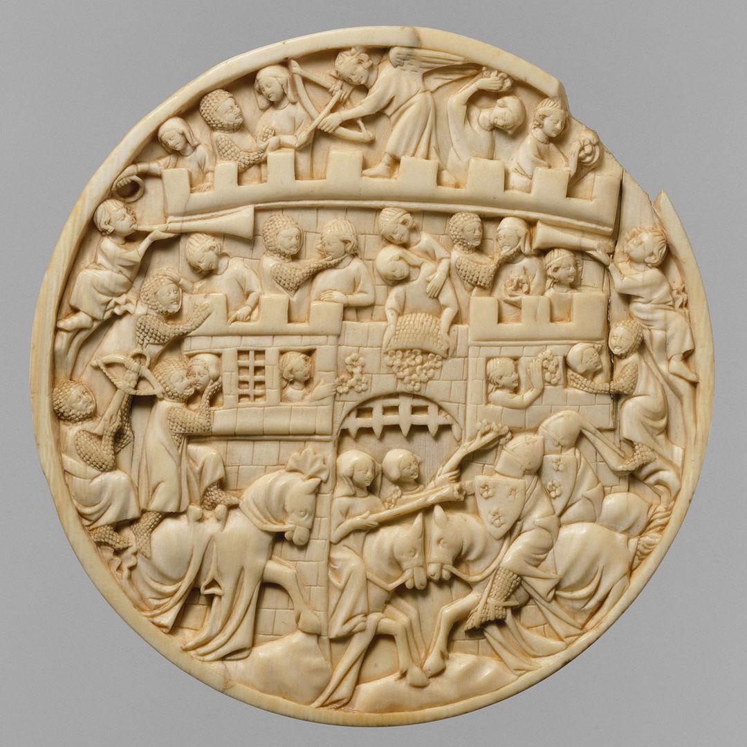 A roundel depicting a scene of the defenders of the Castle of Love showering the attacking knights with roses.
