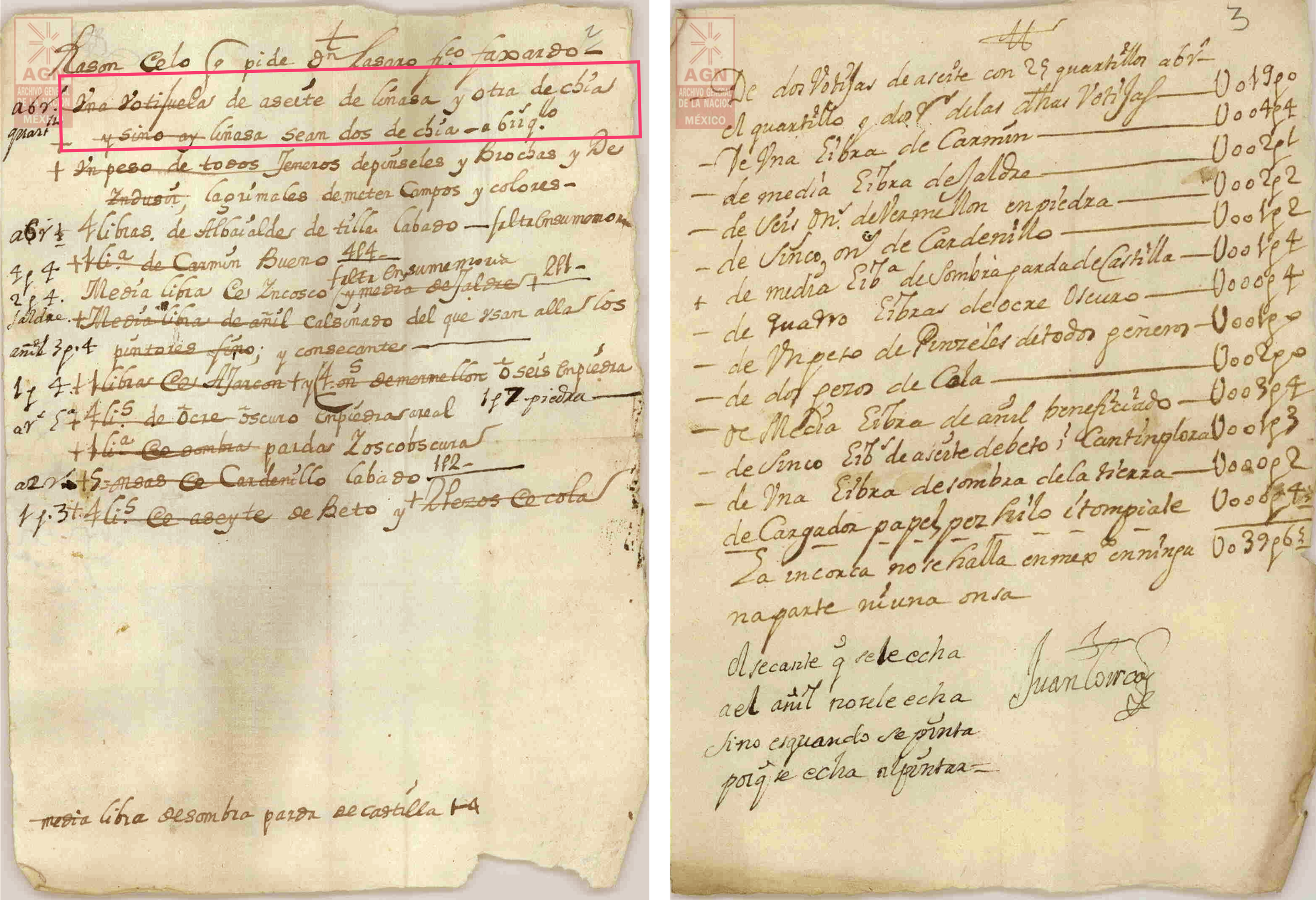 Diptych showing two worn pages listing art supplies handwritten in Spanish