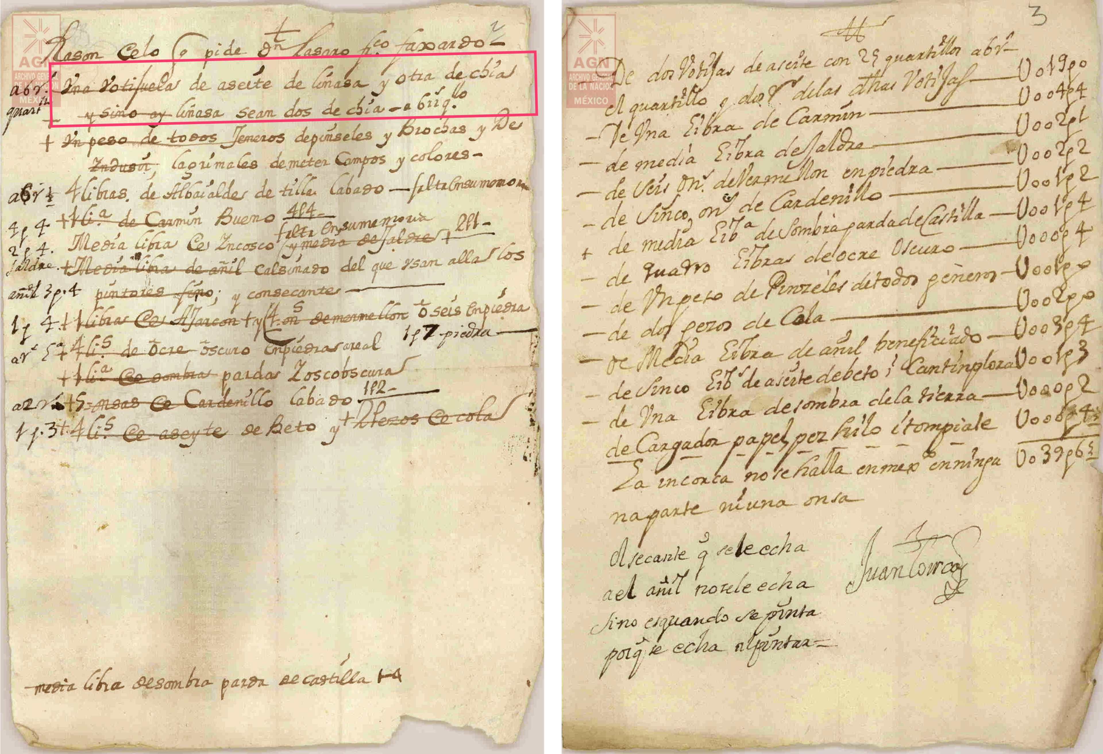 Diptych showing two worn pages listing art supplies handwritten in Spanish