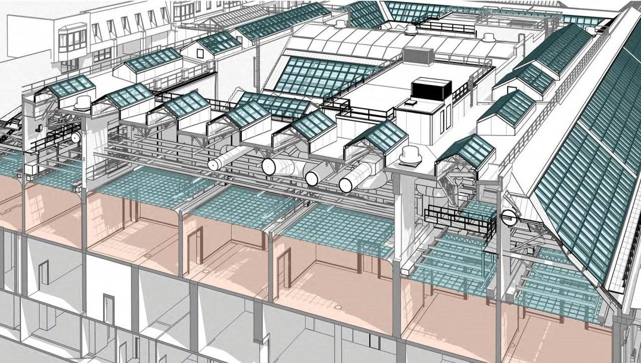 Cross section drawing of a building with rooms highlighted.
