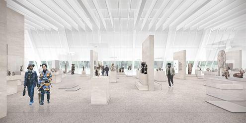 A gallery with a sweeping windows and wooden sculptures in cases. Guests walk around the gallery.