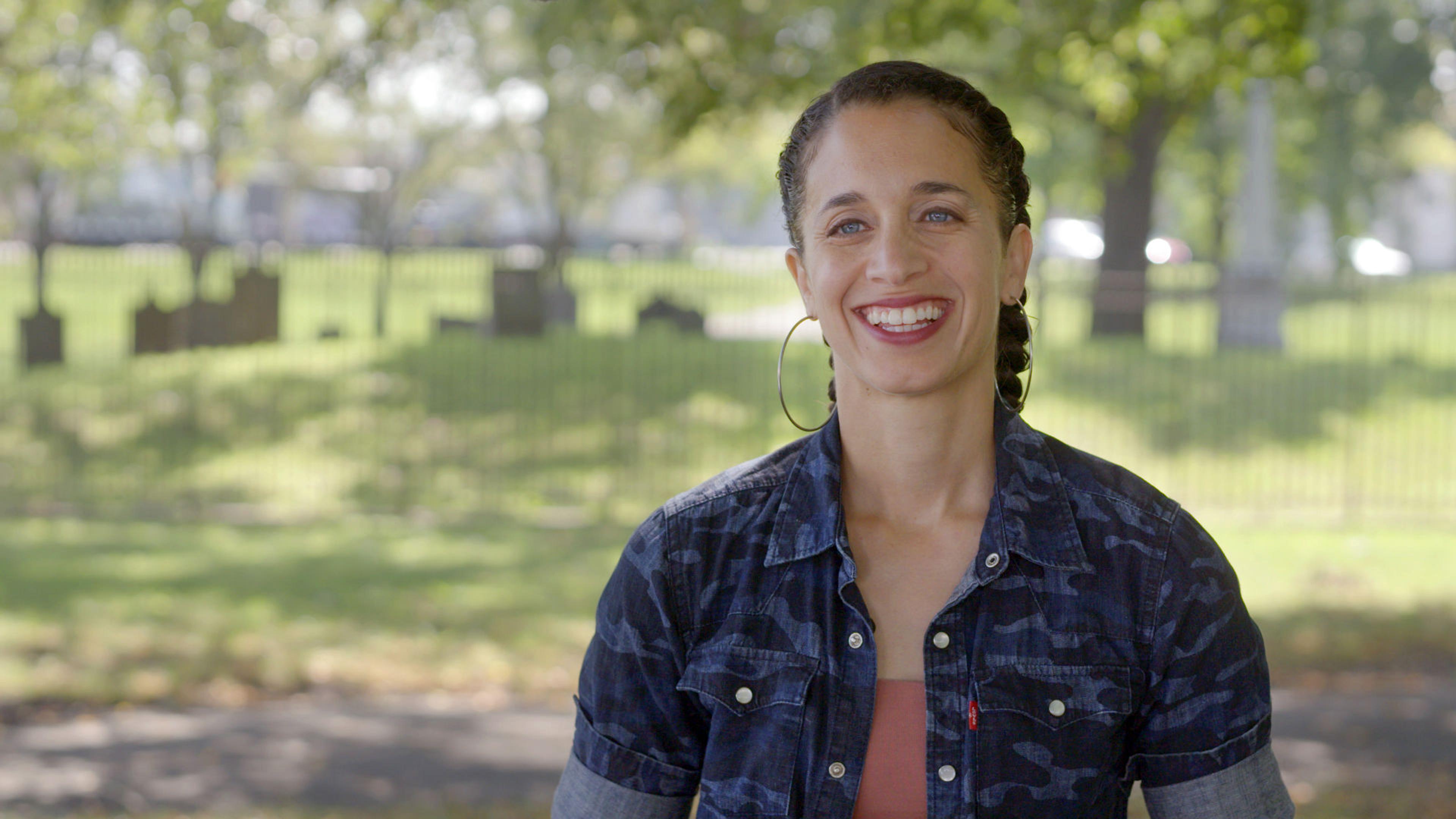 Artist Alethea Pace smiling during her interview at Joseph Rodman Drake Park and Enslaved African Burial in The Bronx