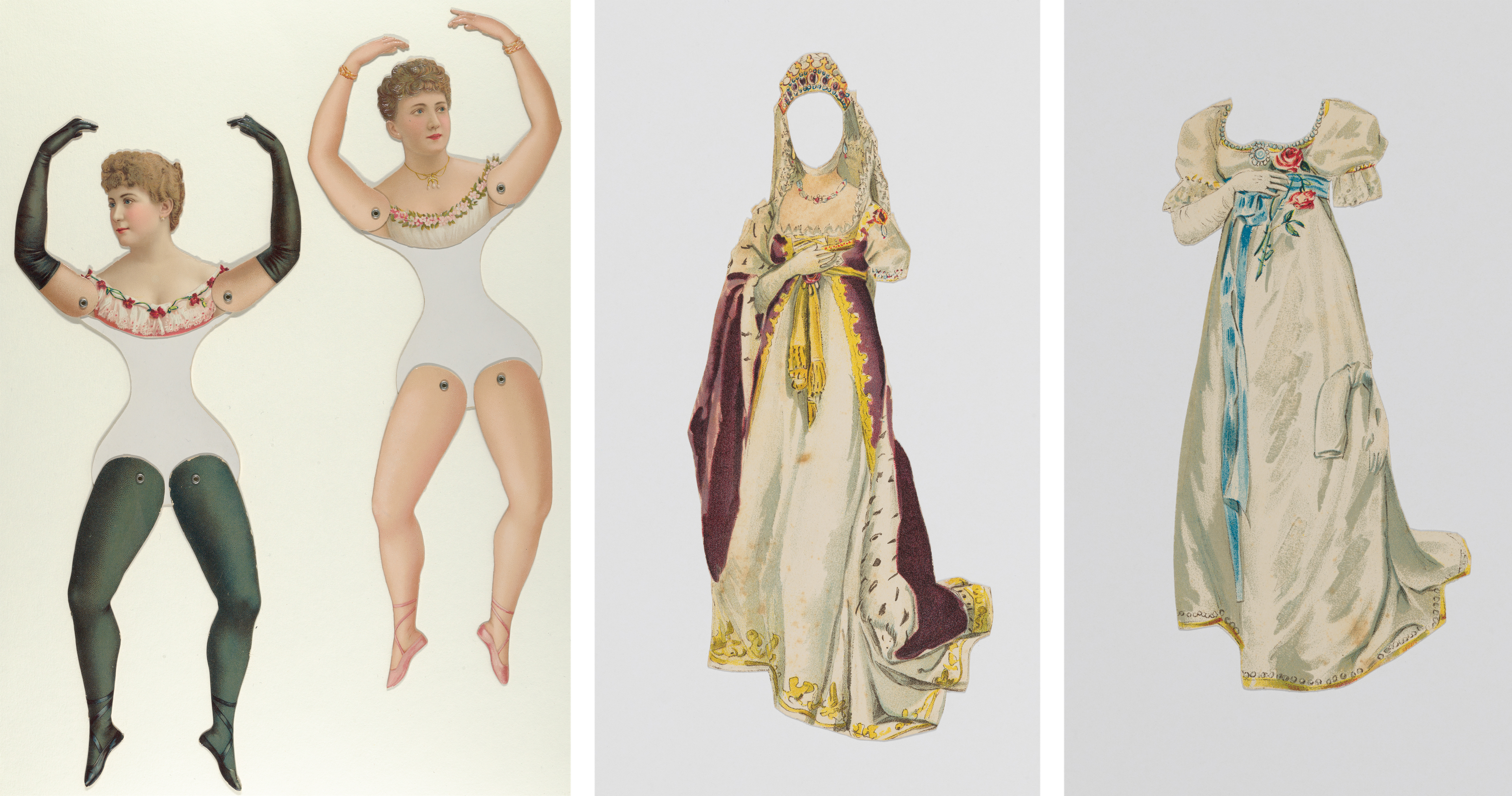 At left, two female figures with articulated arms and legs in white undergarments. At right, two elegant dresses to be affixed to paper dolls.