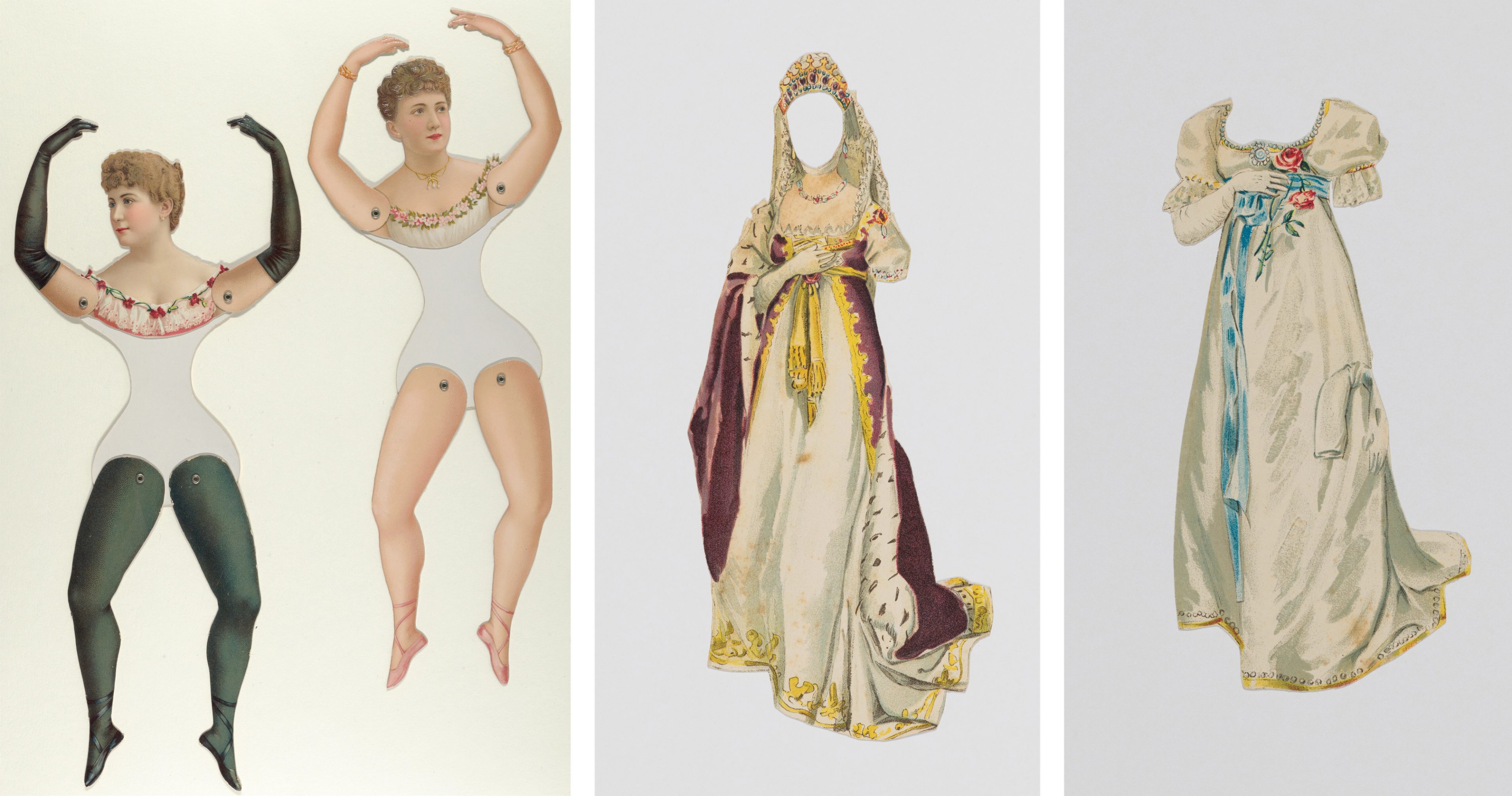 At left, two female figures with articulated arms and legs in white undergarments. At right, two elegant dresses to be affixed to paper dolls.