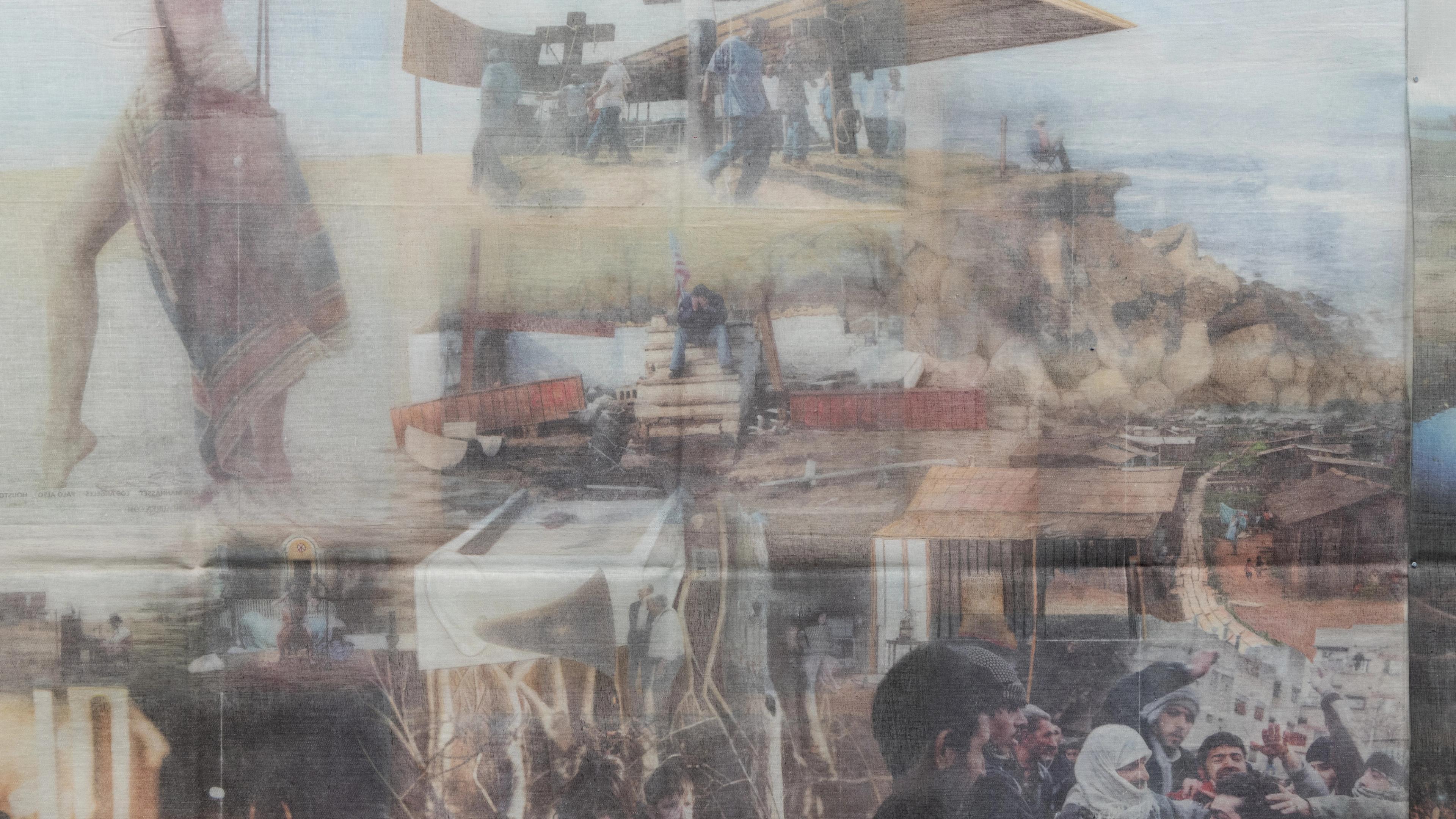 A collage of blurred images depicts people in various settings, with groups standing near structures and rocky landscapes. The mood is contemplative and somber.
