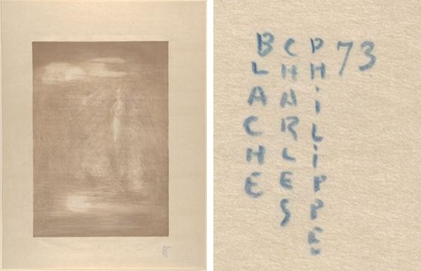 Left: the full print. Right: Each of the Met's prints are numbered seventy-three, indicating their position within the one-hundred edition collection. Twilight (from L'Estampe originale, Album VII), 1894. Philippe Charles Blache (French, 1860–1908). Publisher André Marty (French, born 1857). Lithograph in two colors; Image: 14 3/8 in. × 10 in. (36.5 × 25.4 cm). Sheet: 19 11/16 × 14 15/16 in. (50 × 38 cm). The Metropolitan Museum of Art, New York, Rogers Fund, 1922 (22.82.1-61)