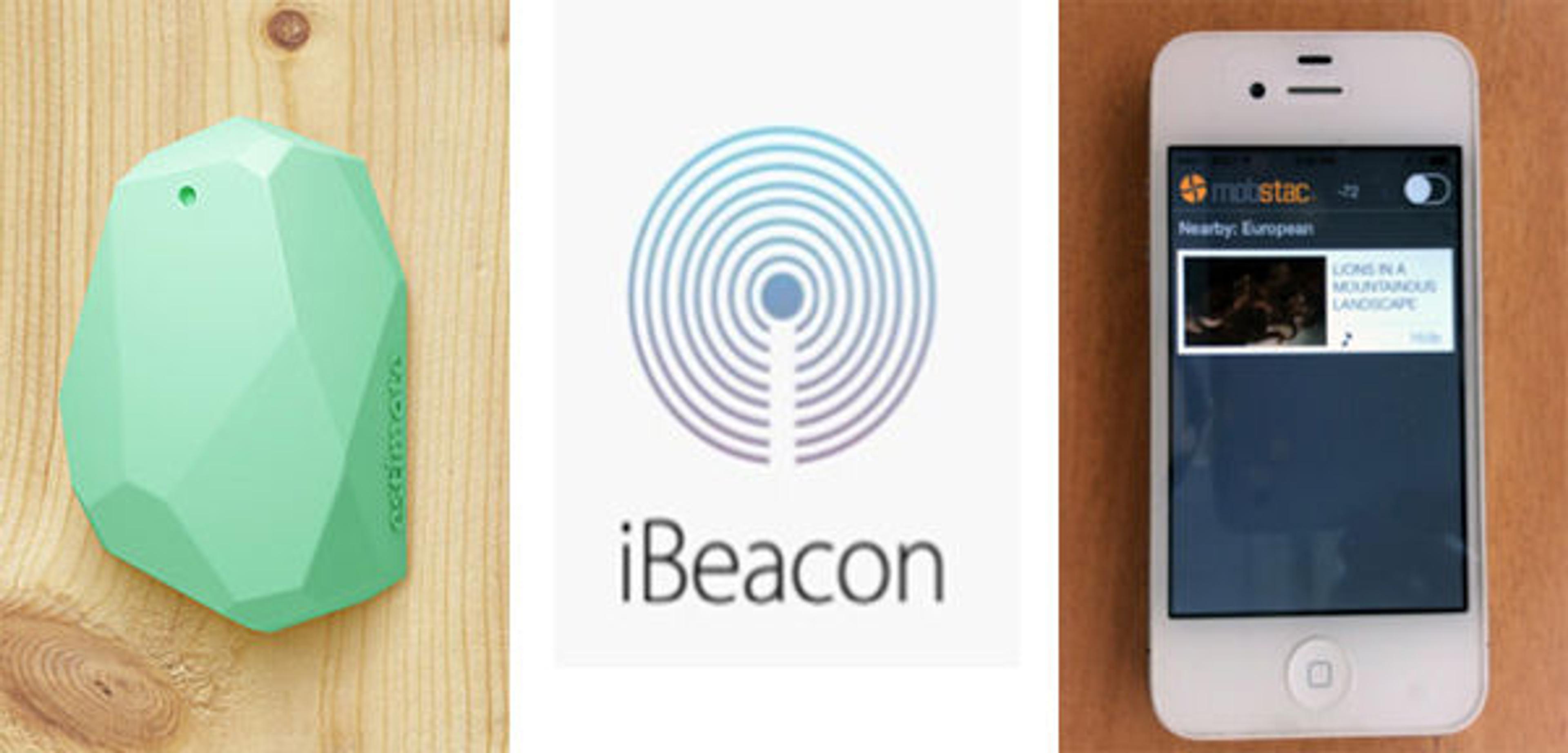 Fig. 1. Beacons continuously advertise their locations using BLE. All Bluetooth friendly-devices such as iPhones monitor the signal strength and convert it to proximity. Once the user is in the desired proximity range, the corresponding app content is triggered. Beacon image courtesy of InnoQuant blog